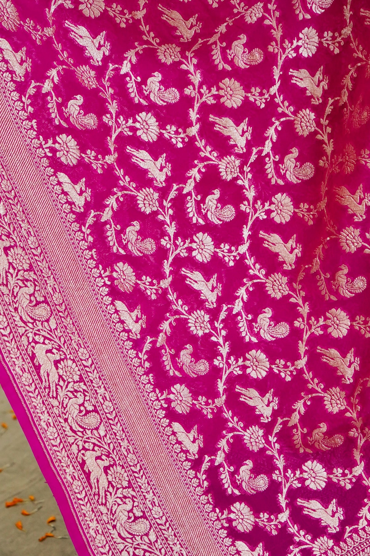 Handwoven Rani Pink Pure Banarasi Shikargah Khaddi Georgette Saree