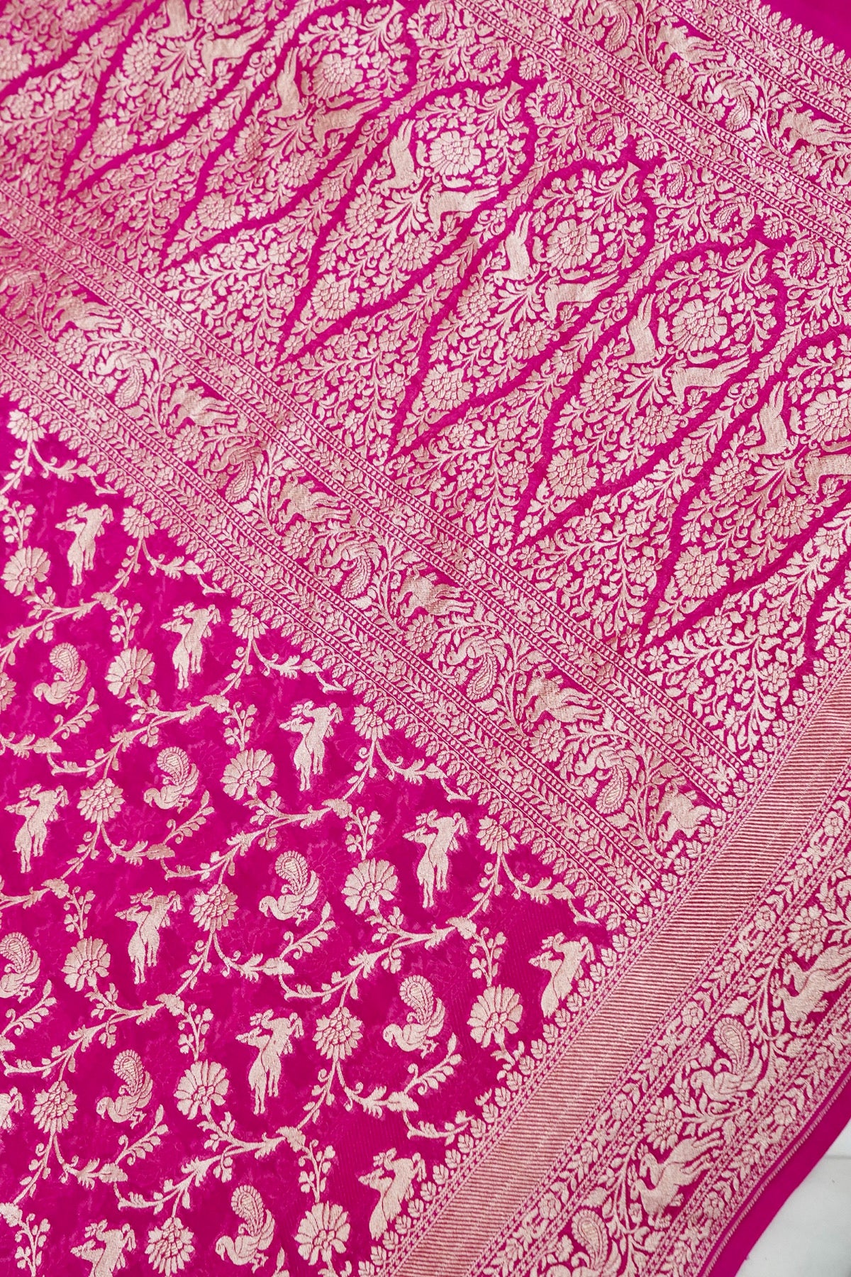 Handwoven Rani Pink Pure Banarasi Shikargah Khaddi Georgette Saree