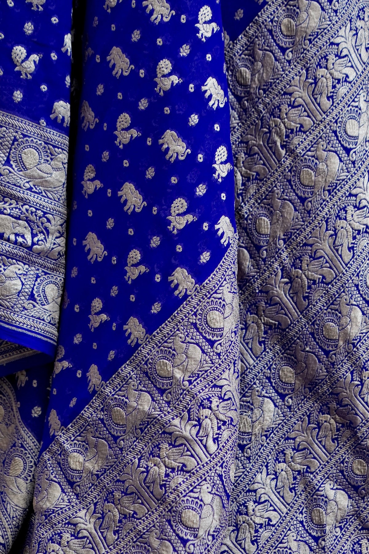 Handwoven Royal Blue Pure Banarasi Shikargah Khaddi Georgette Saree
