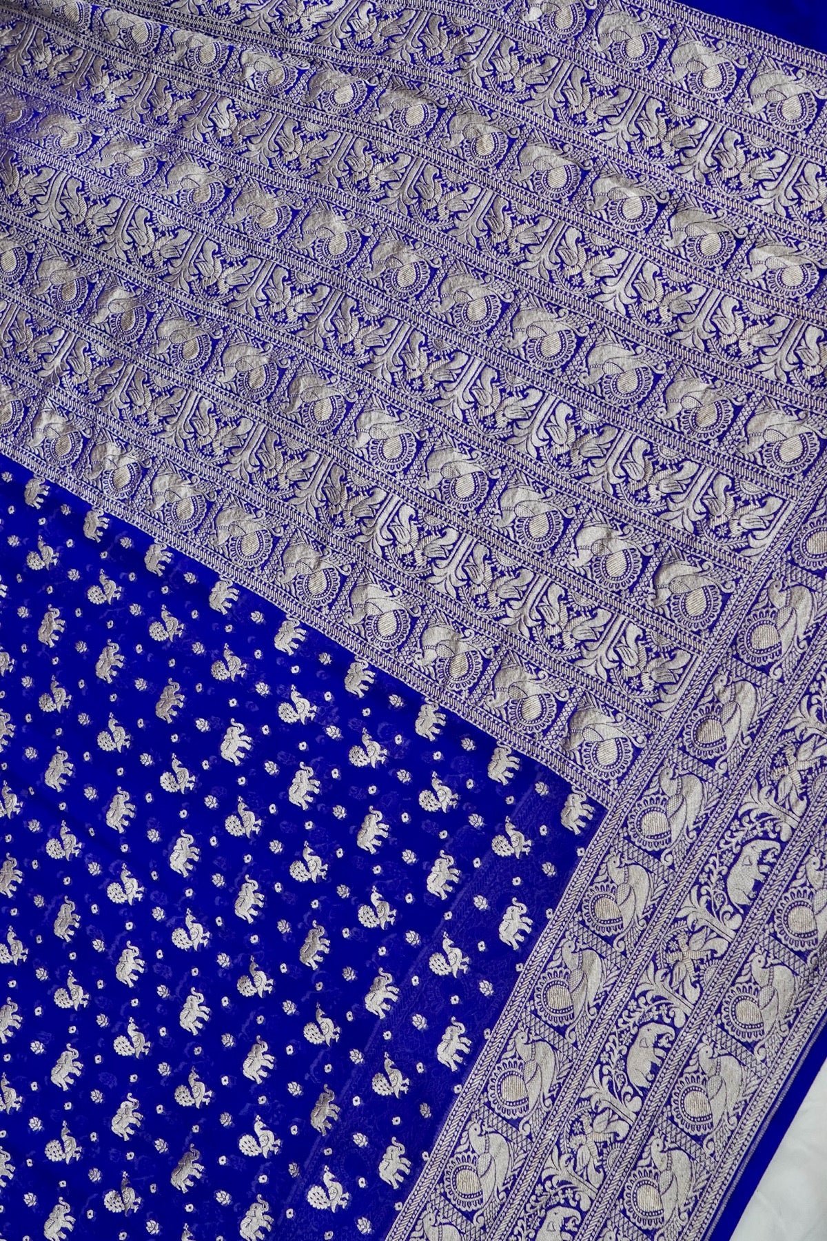 Handwoven Royal Blue Pure Banarasi Shikargah Khaddi Georgette Saree