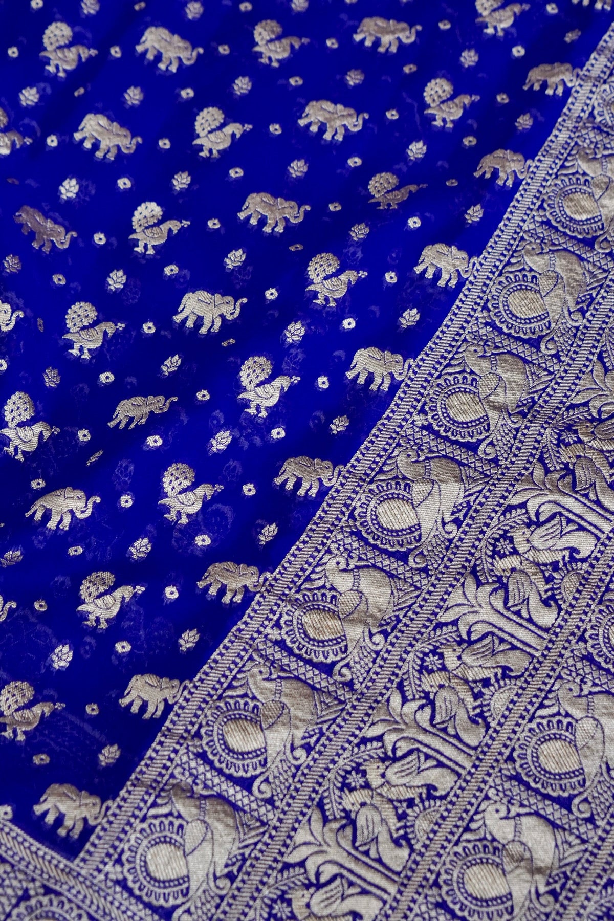Handwoven Royal Blue Pure Banarasi Shikargah Khaddi Georgette Saree