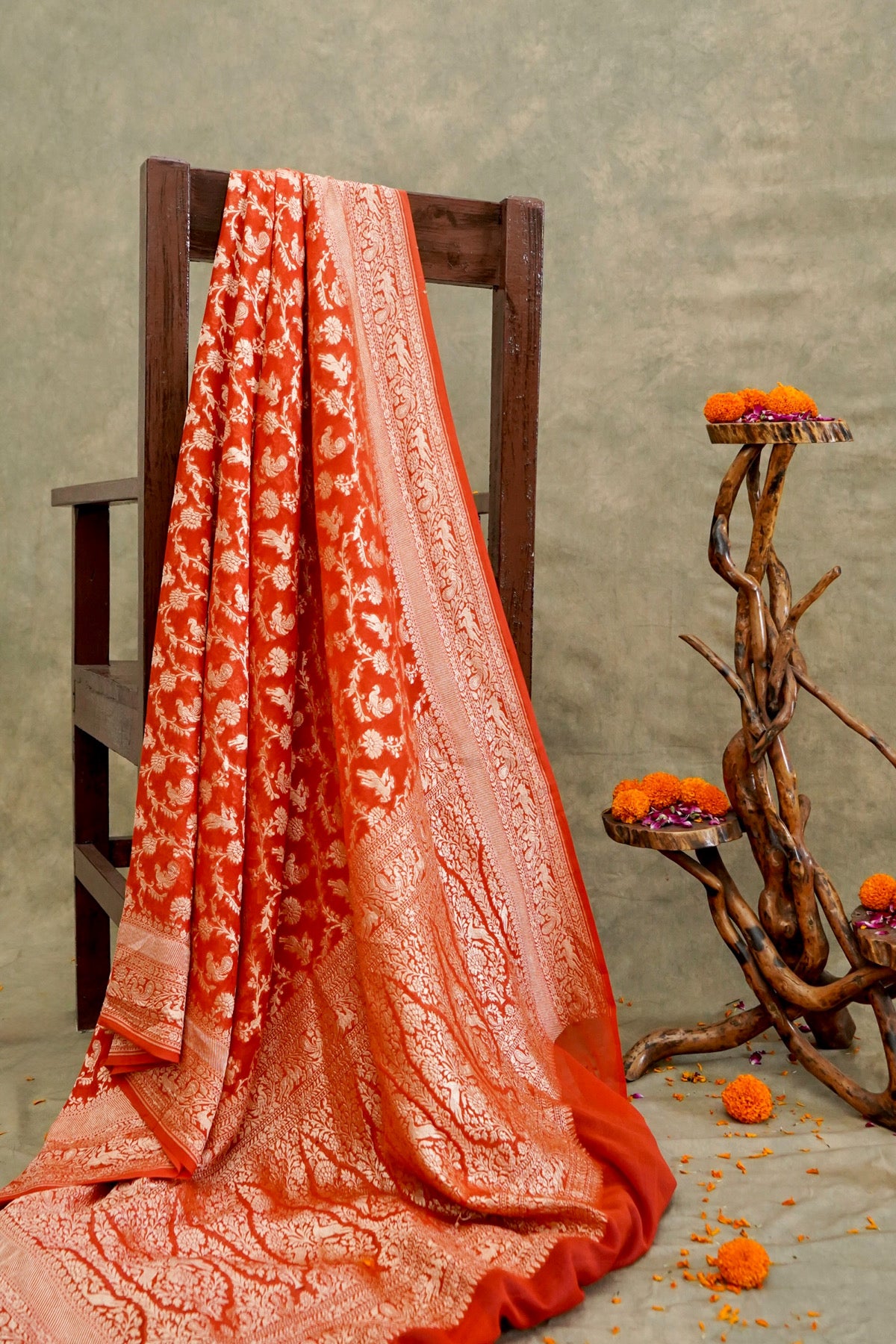 Handwoven Orange Pure Banarasi Shikargah Khaddi Georgette Saree