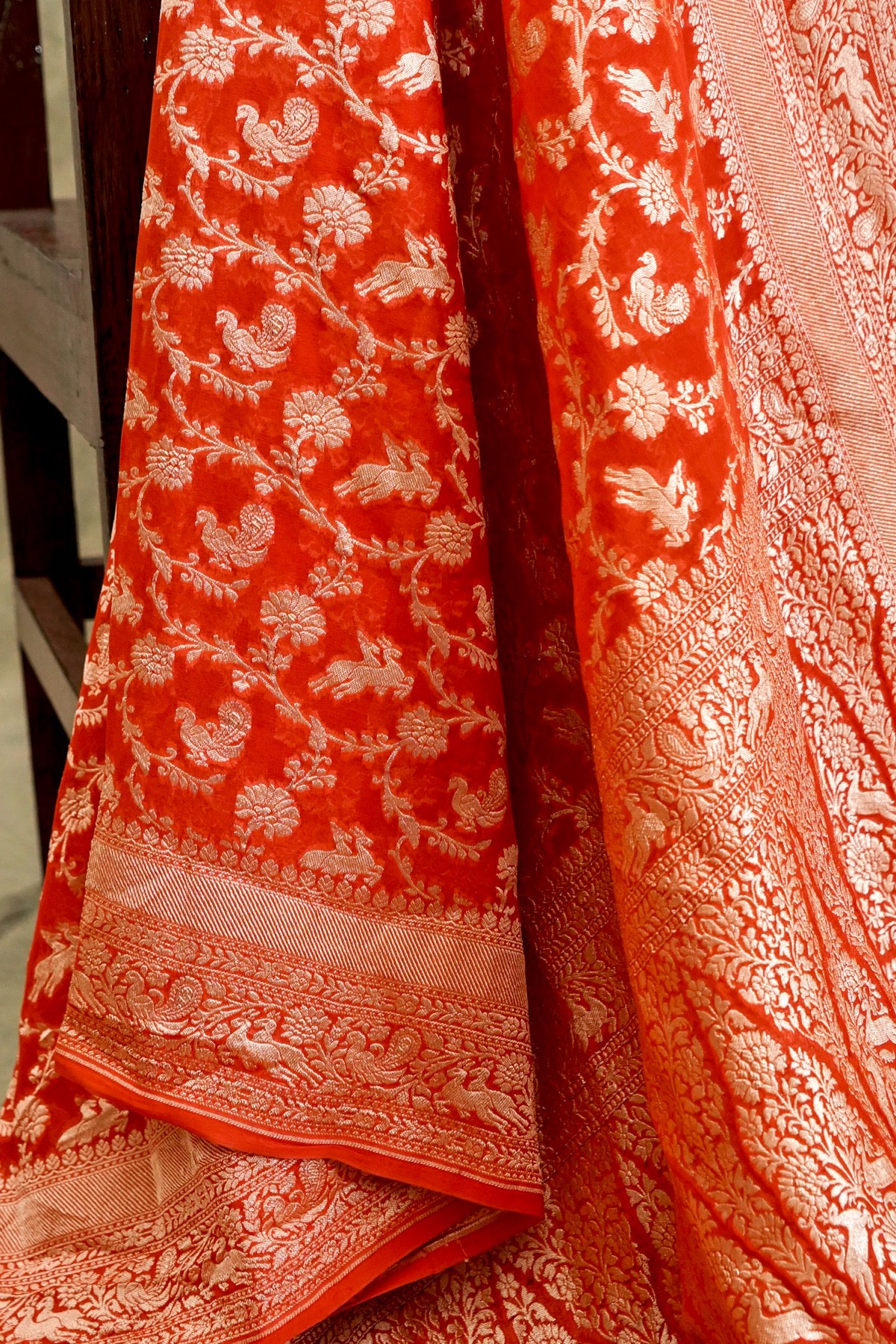 Handwoven Orange Pure Banarasi Shikargah Khaddi Georgette Saree