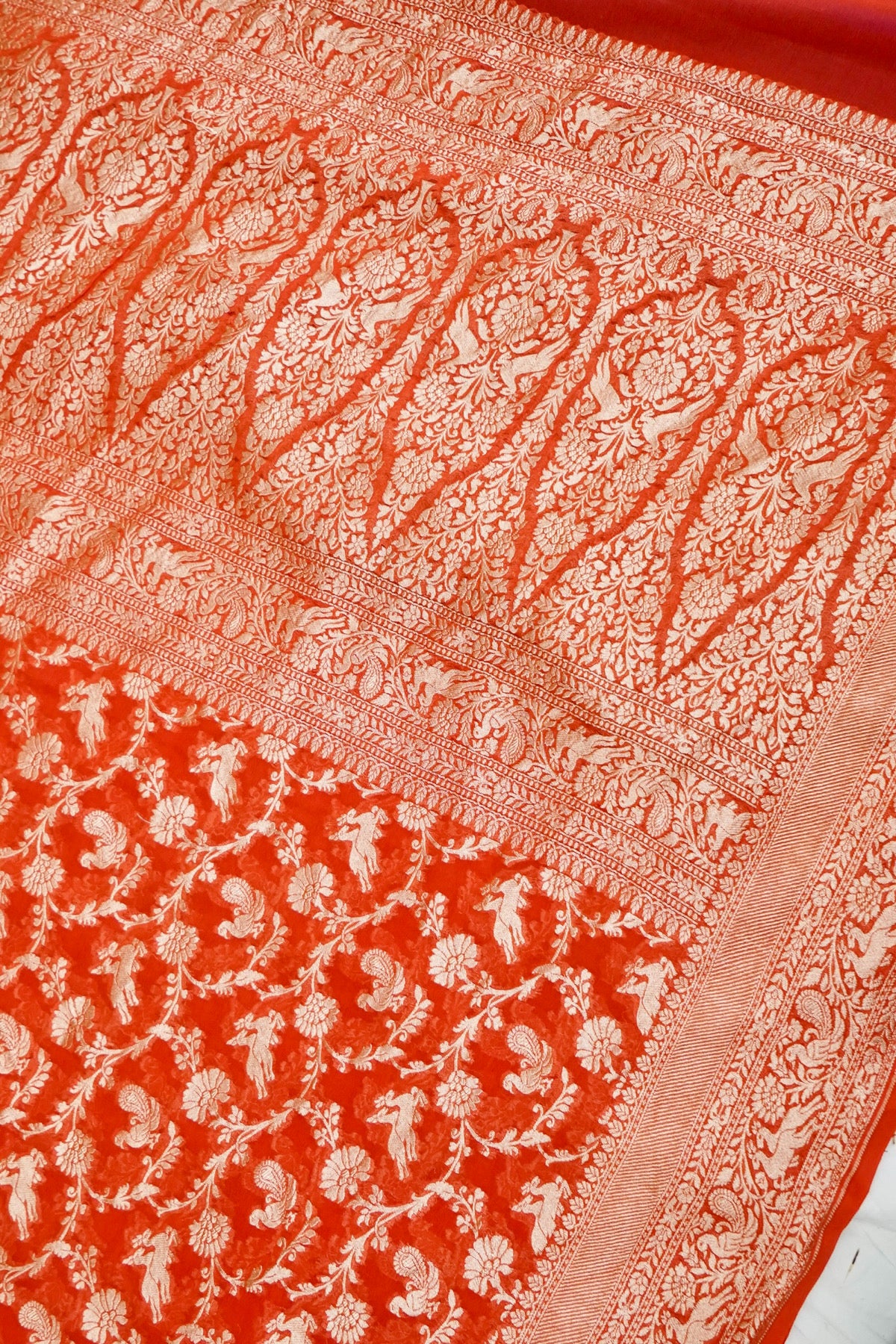 Handwoven Orange Pure Banarasi Shikargah Khaddi Georgette Saree