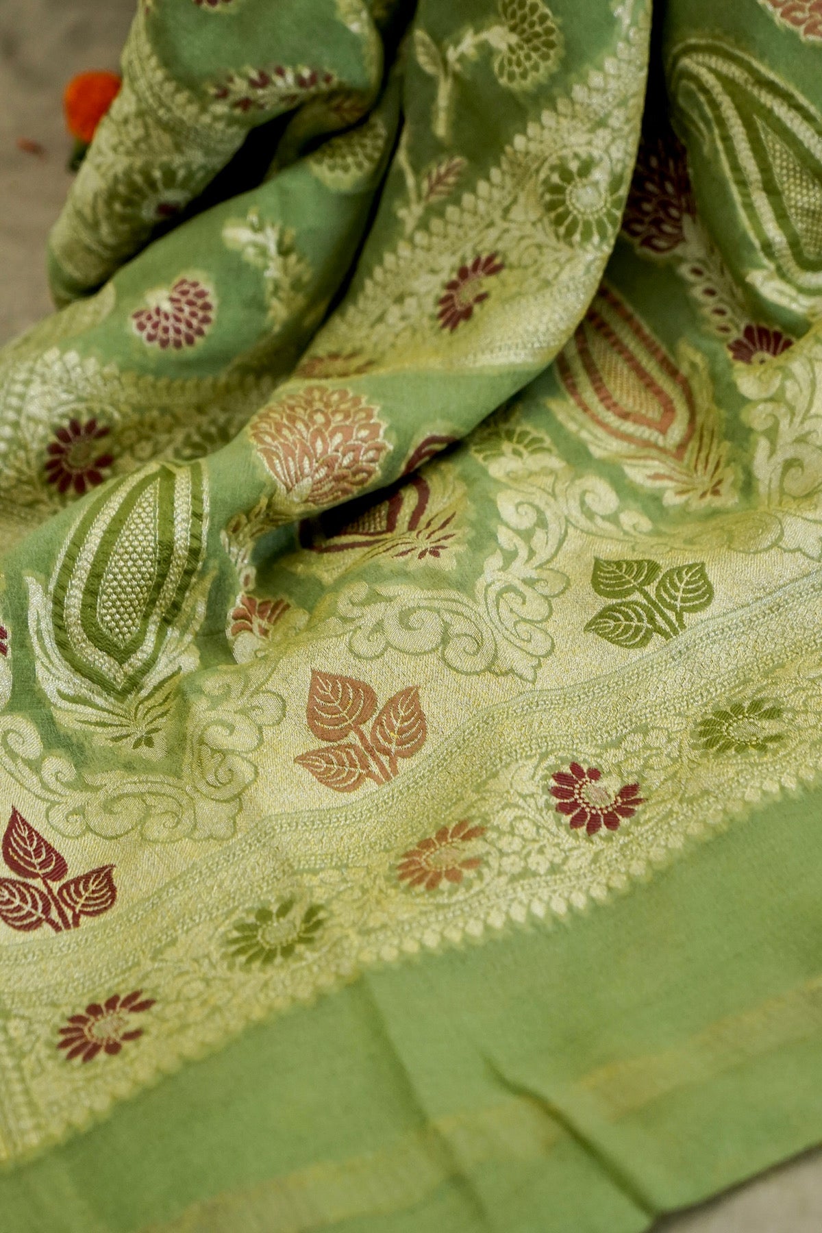 Handwoven Pista Green Pure Banarasi Meenakari Khaddi Chiffon Saree
