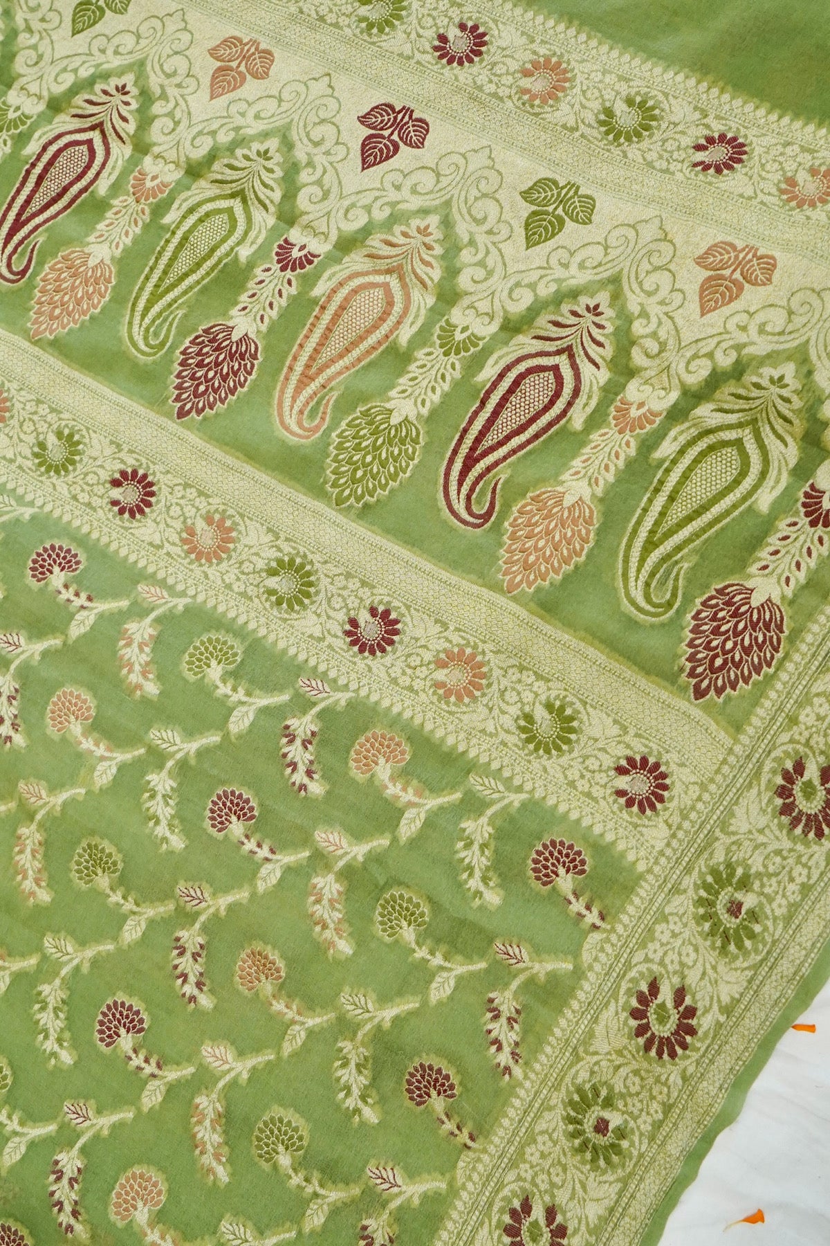 Handwoven Pista Green Pure Banarasi Meenakari Khaddi Chiffon Saree