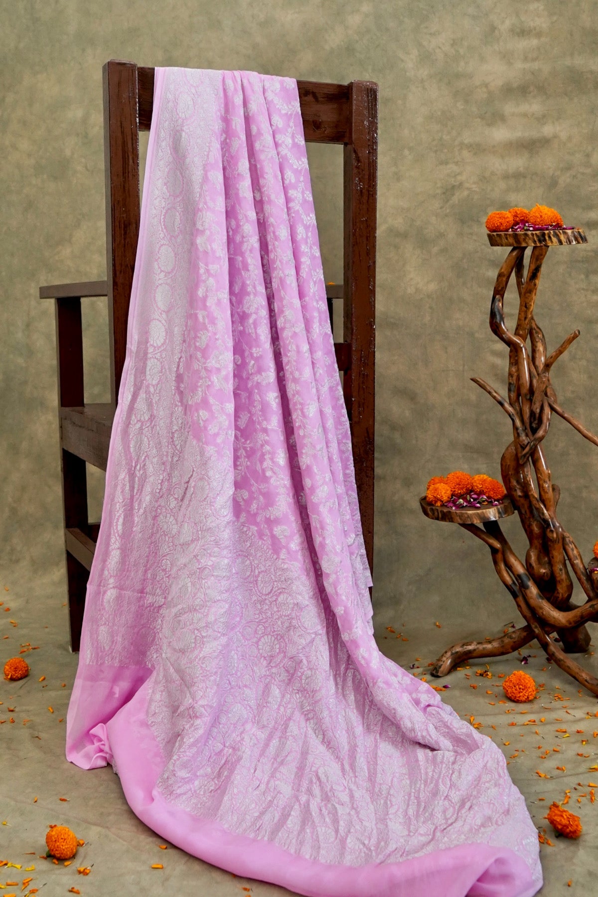 Handwoven Pink Pure Banarasi Meenakari Khaddi Chiffon Saree
