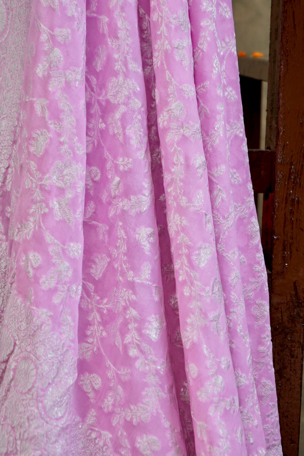 Handwoven Pink Pure Banarasi Meenakari Khaddi Chiffon Saree