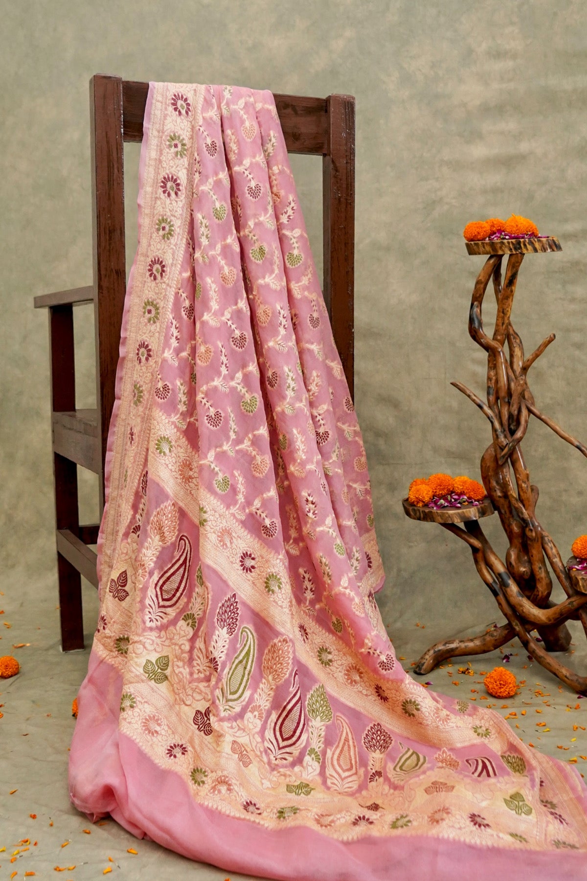 Handwoven Baby Pink Pure Banarasi Khaddi Georgette Saree