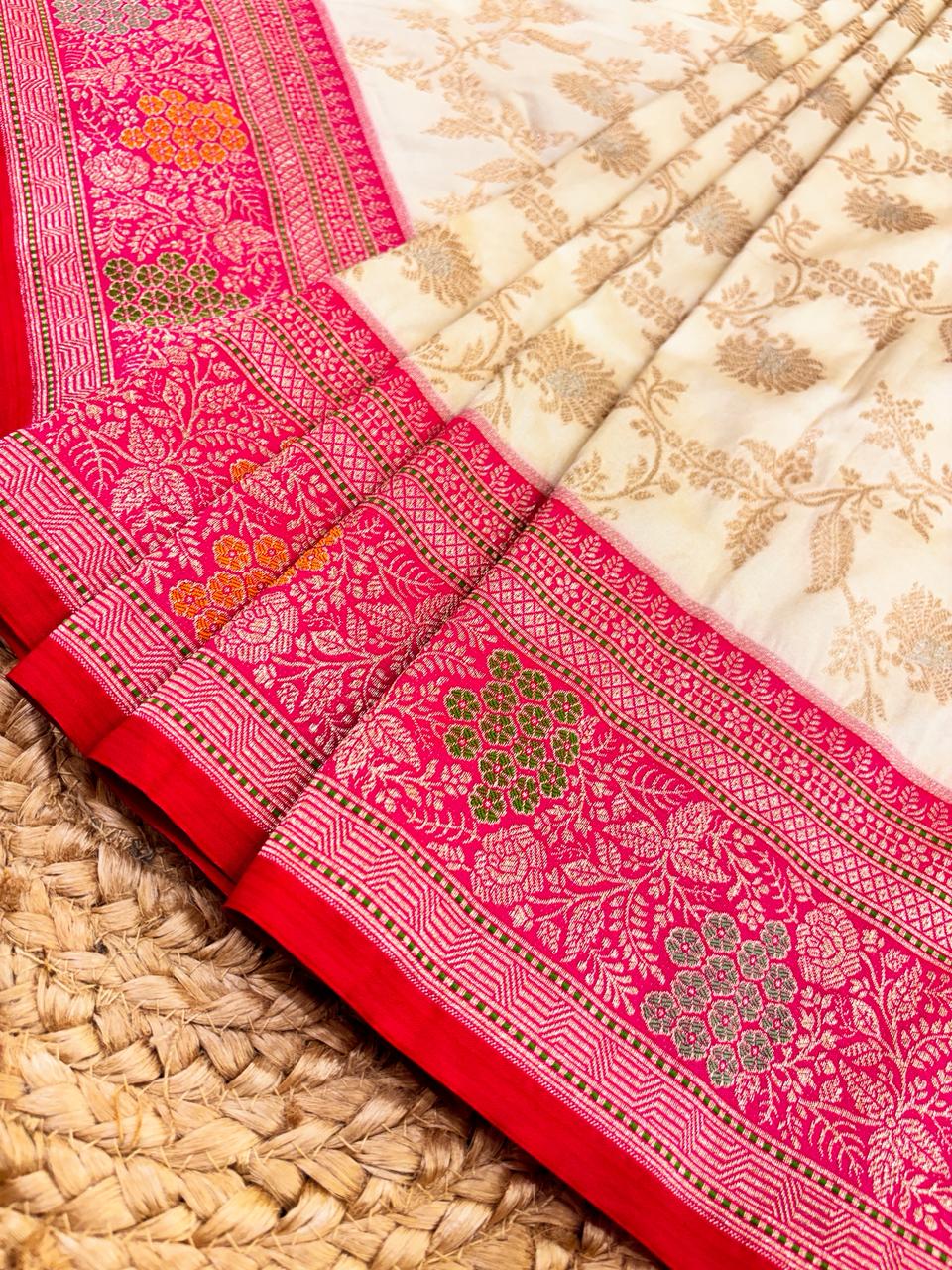 Handwoven Beige Meenakari Banarasi Katan Silk Saree