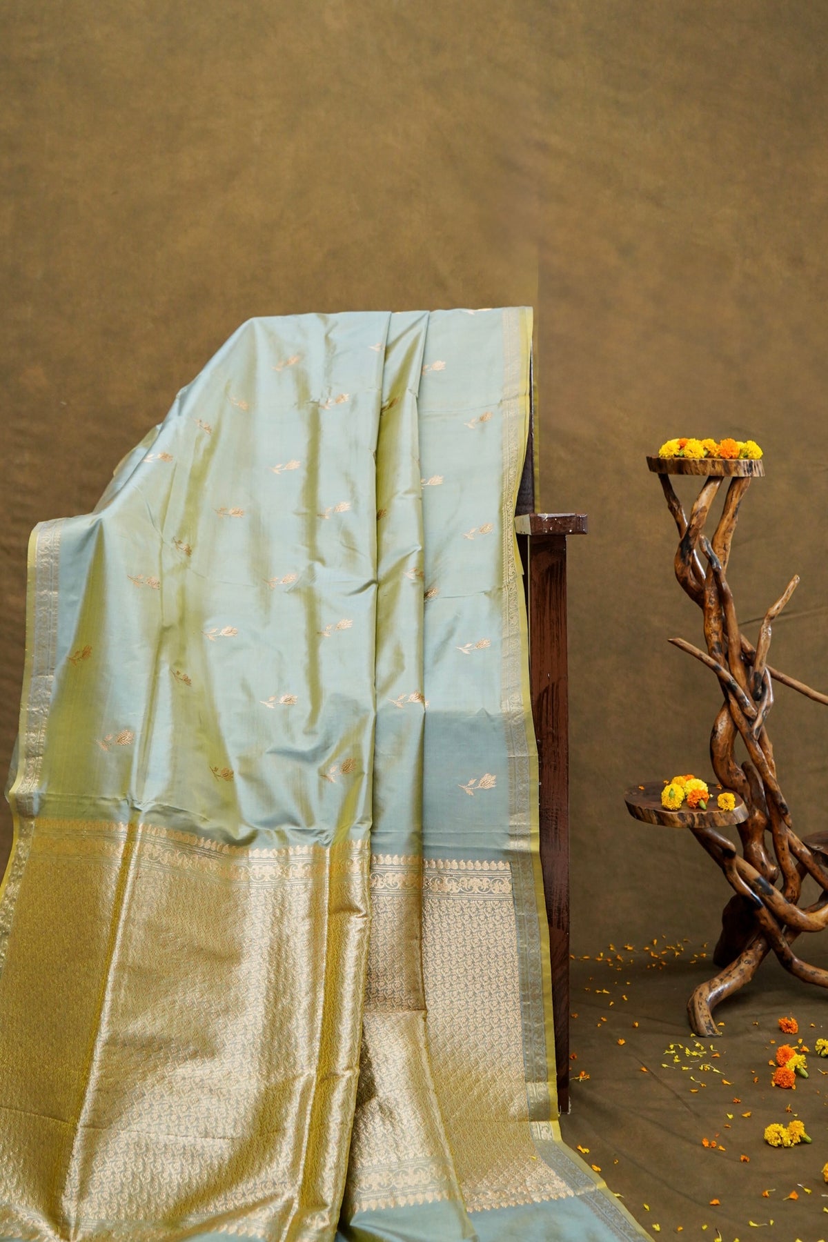 Handwoven Ash Grey Buta Pure Banarasi Katan Silk Saree