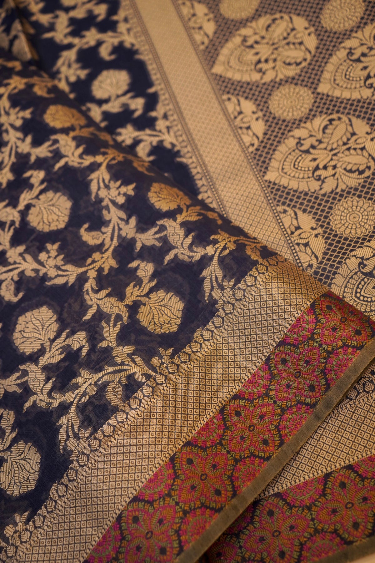 Navy Blue Mercerise Silk Tilfi Saree