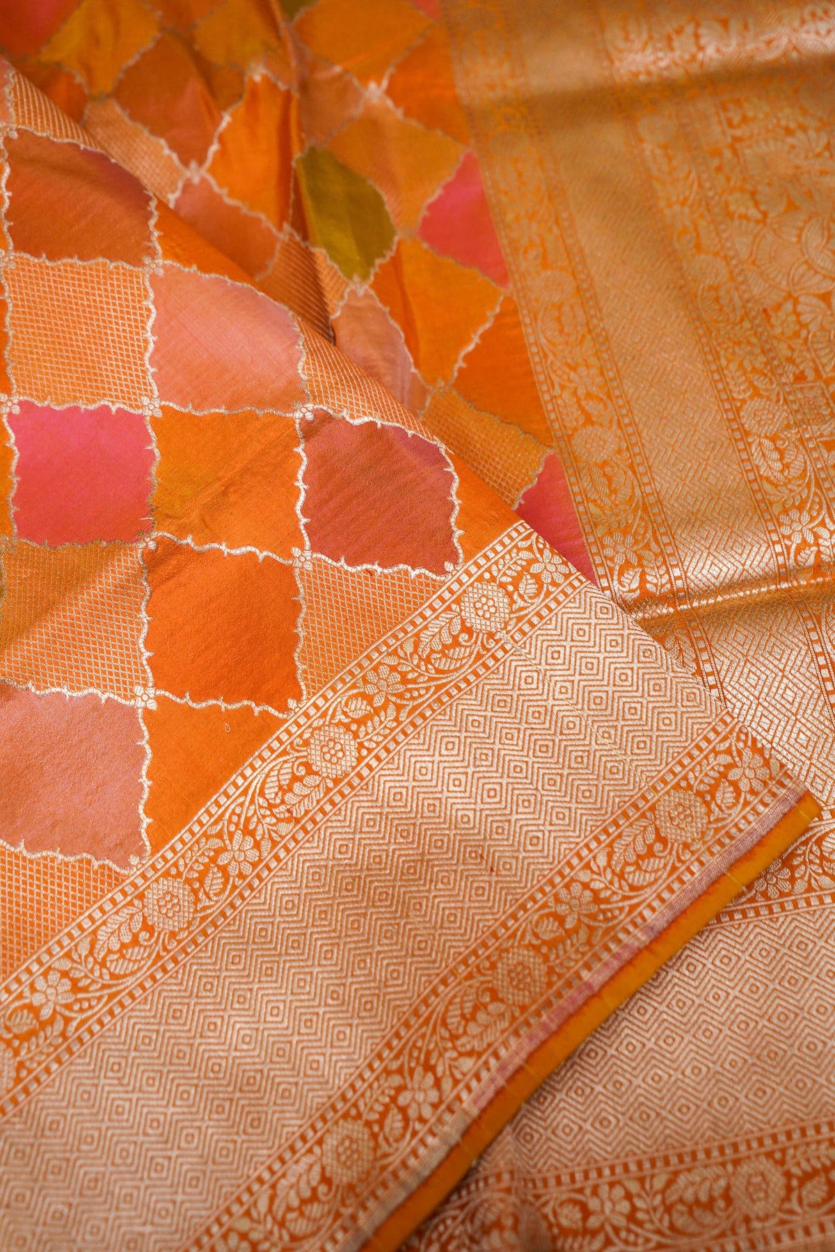 Handwoven Autumn Orange Pure Banarasi Rangkaat Katan Silk Saree