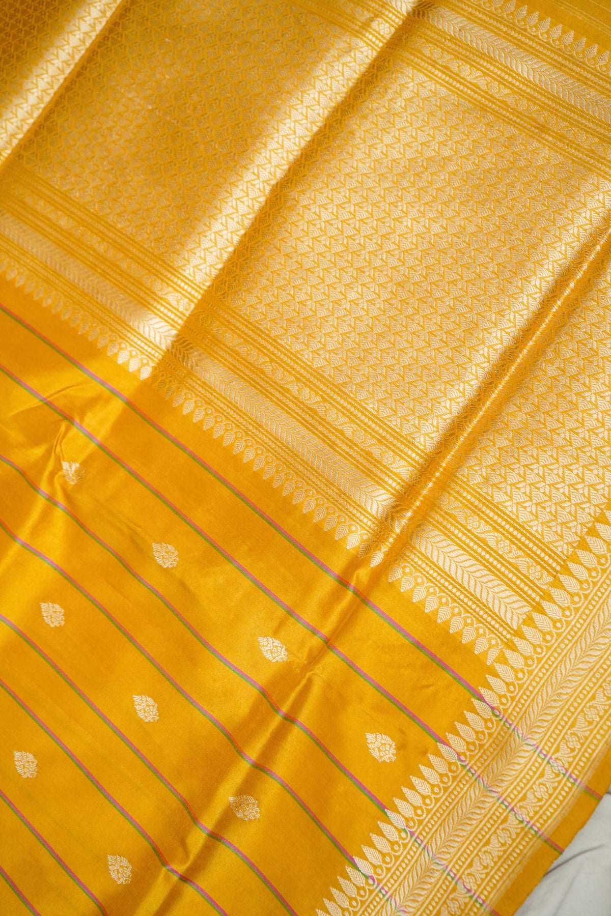Handwoven Mustard Gold Stripes Pure Banarasi Katan Silk Saree