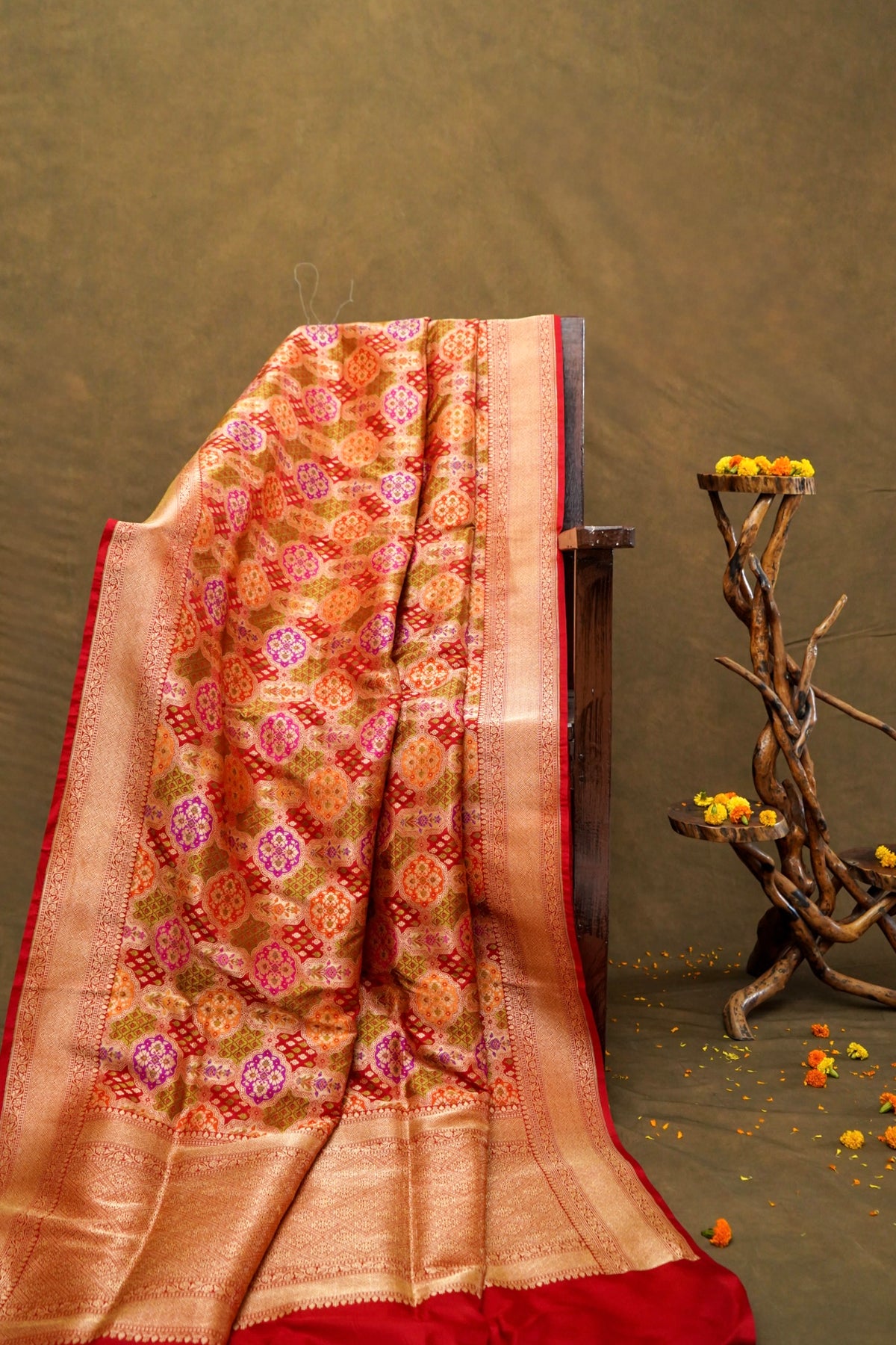 Handwoven Red Brocade Meenakari Pure Banarasi Katan Silk Saree