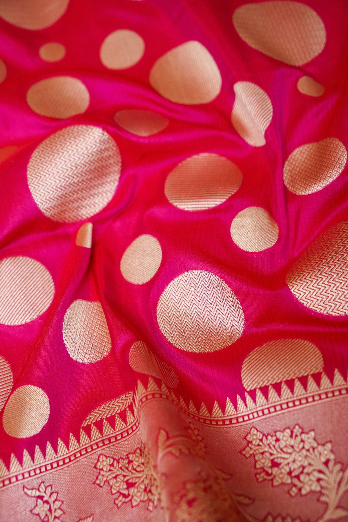 Handwoven Rani Pink Polka Dot Pure Banarasi Katan Silk Saree