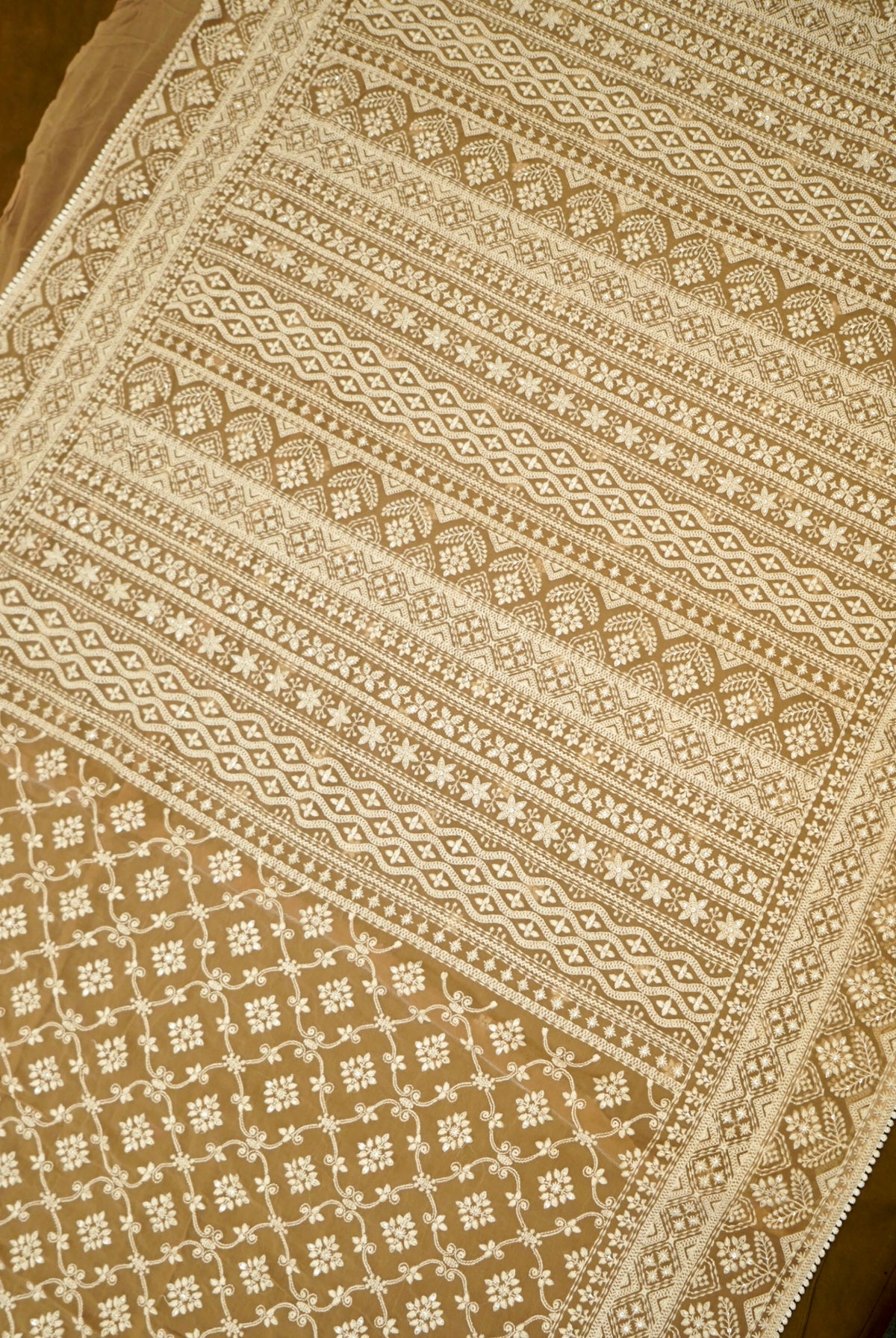 Handwoven Earthy Brown Banarasi Pure Georgette Chikankari Saree