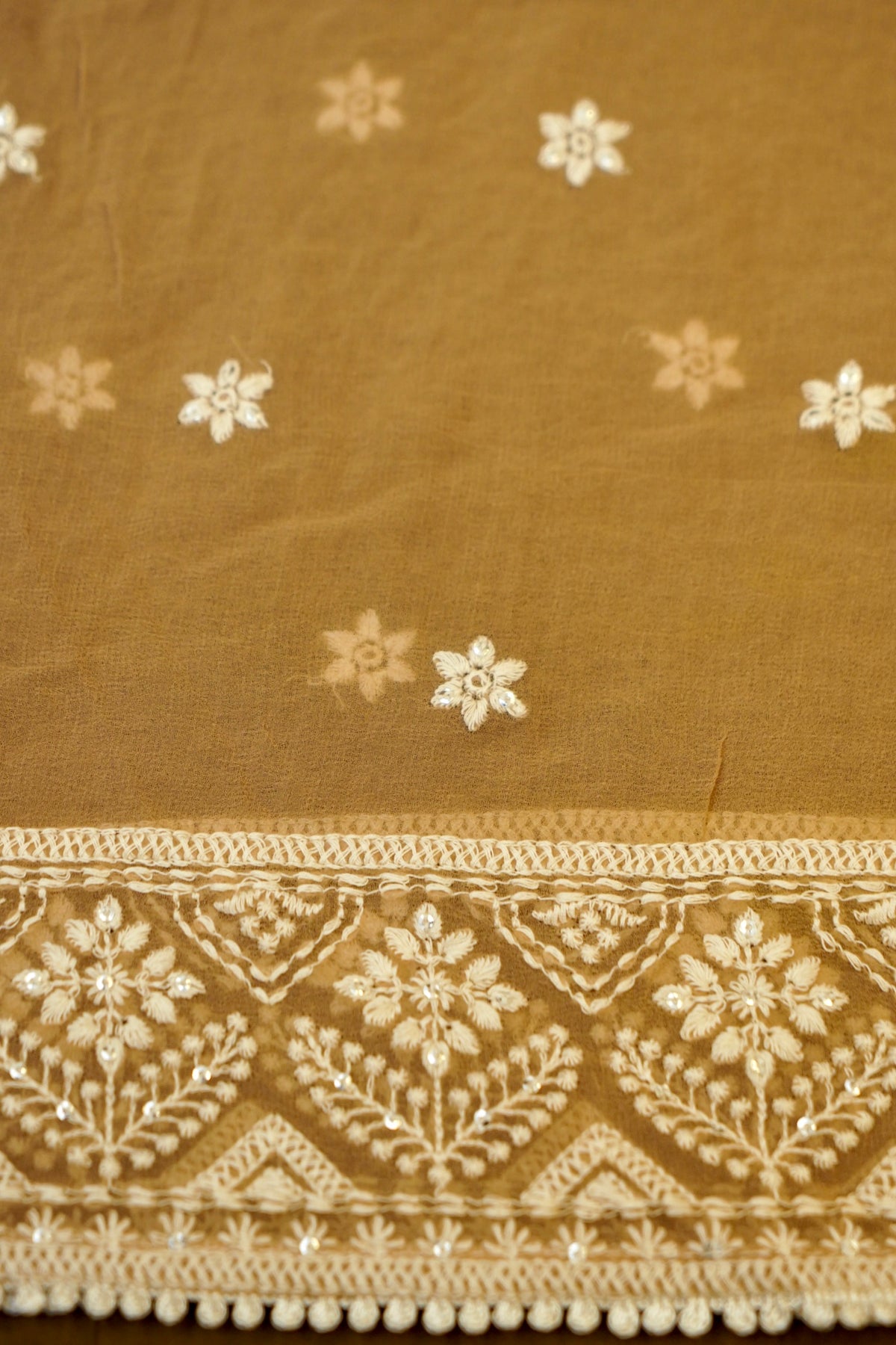 Handwoven Earthy Brown Banarasi Pure Georgette Chikankari Saree