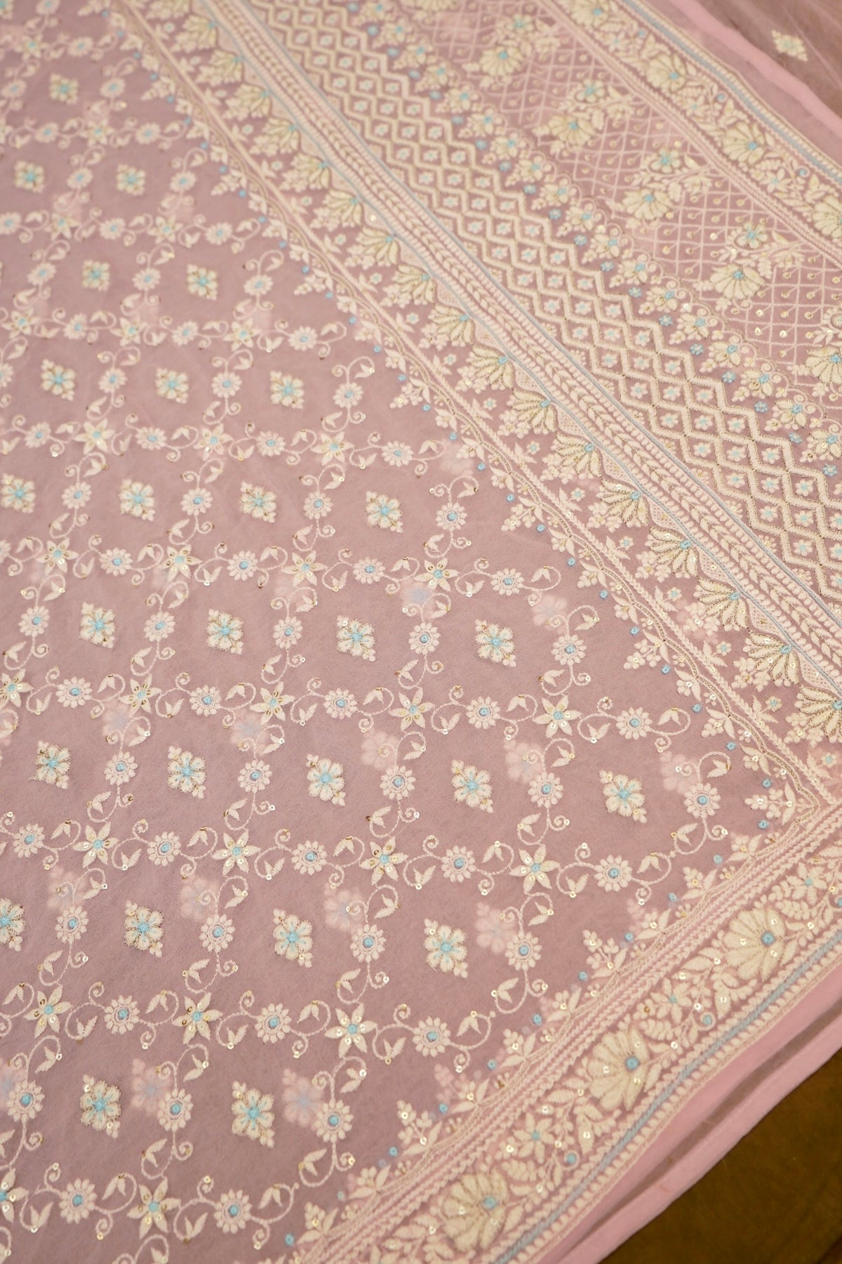 Handwoven Baby Pink Banarasi Pure Georgette Chikankari Saree
