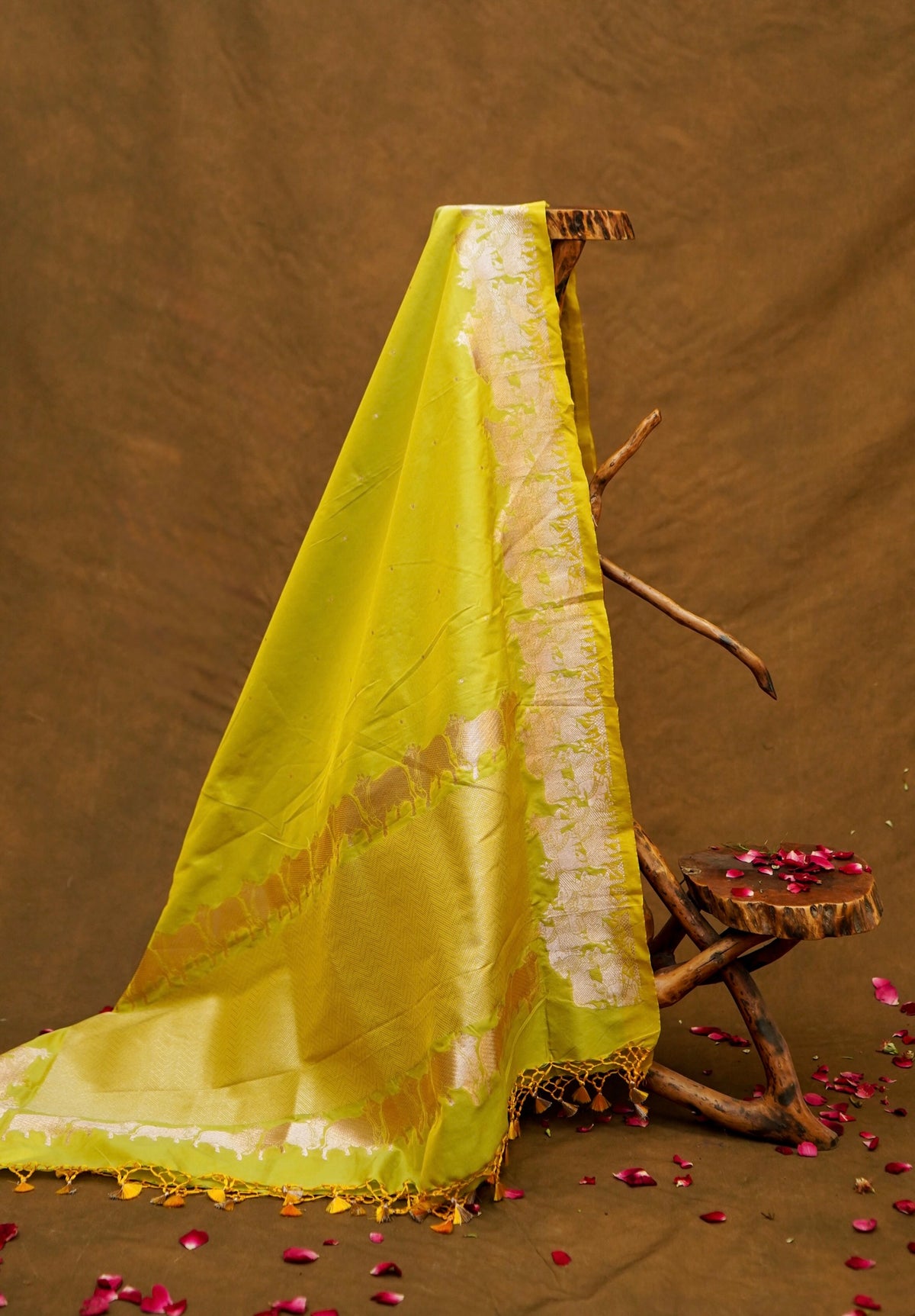 Lime Green Banarasi Shikargah Katan Silk Dupatta.