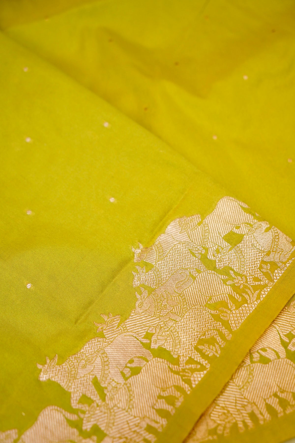 Lime Green Banarasi Shikargah Katan Silk Dupatta.