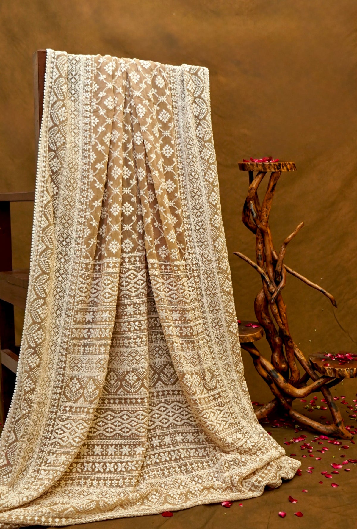 Handwoven Earthy Brown Banarasi Pure Georgette Chikankari Saree