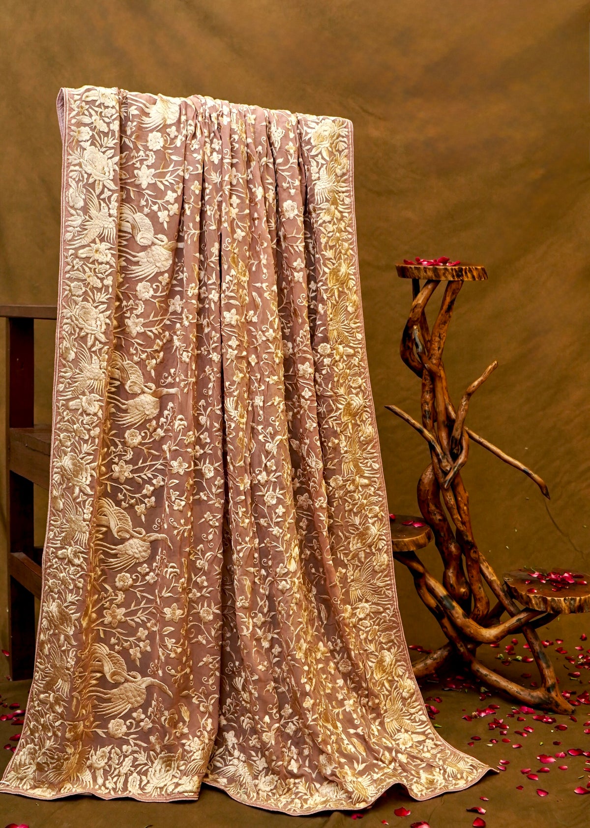 Handwoven Mauve Peach Banarasi Pure Georgette Flamingo Chikankari Saree