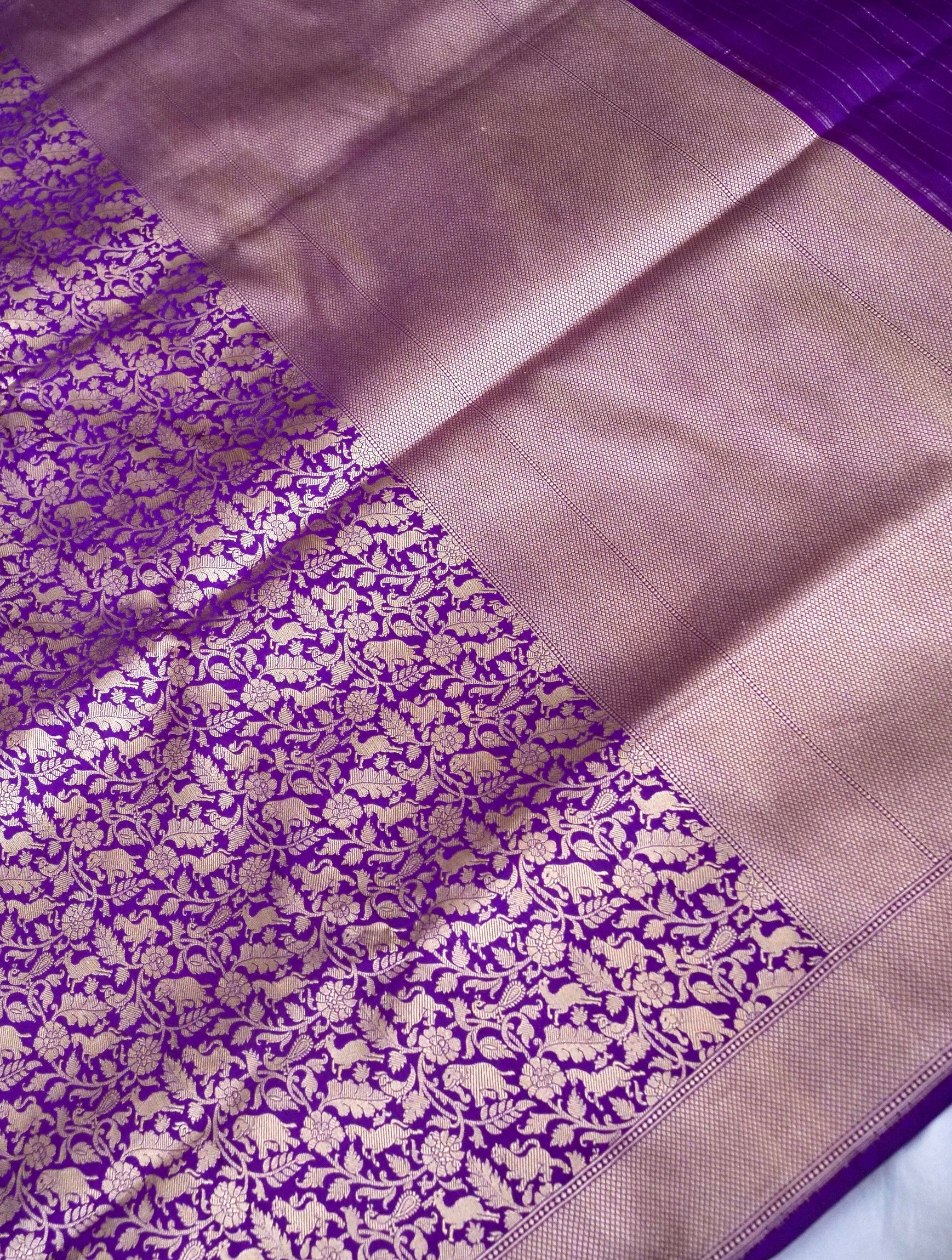 Handwoven Purple Shikargah Pure Banarasi Katan Silk Saree