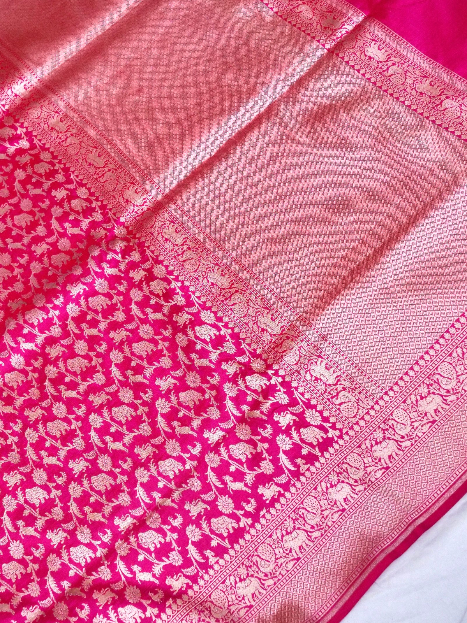Handwoven Rani Pink Shikargah Pure Banarasi Katan Silk Saree