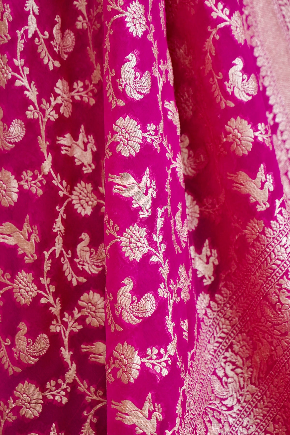 Handwoven Rani Pink Pure Banarasi Shikargah Khaddi Georgette Saree