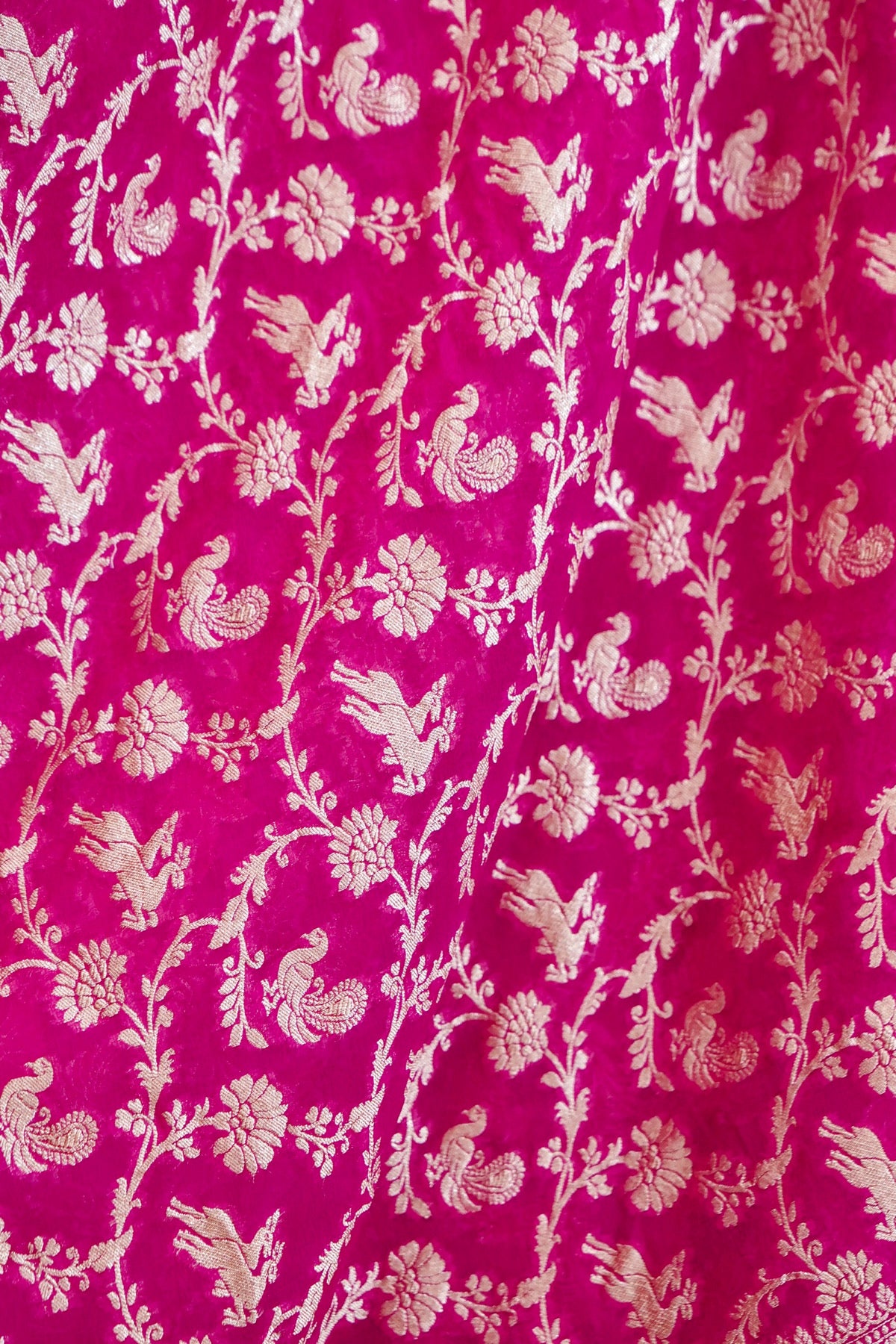 Handwoven Rani Pink Pure Banarasi Shikargah Khaddi Georgette Saree