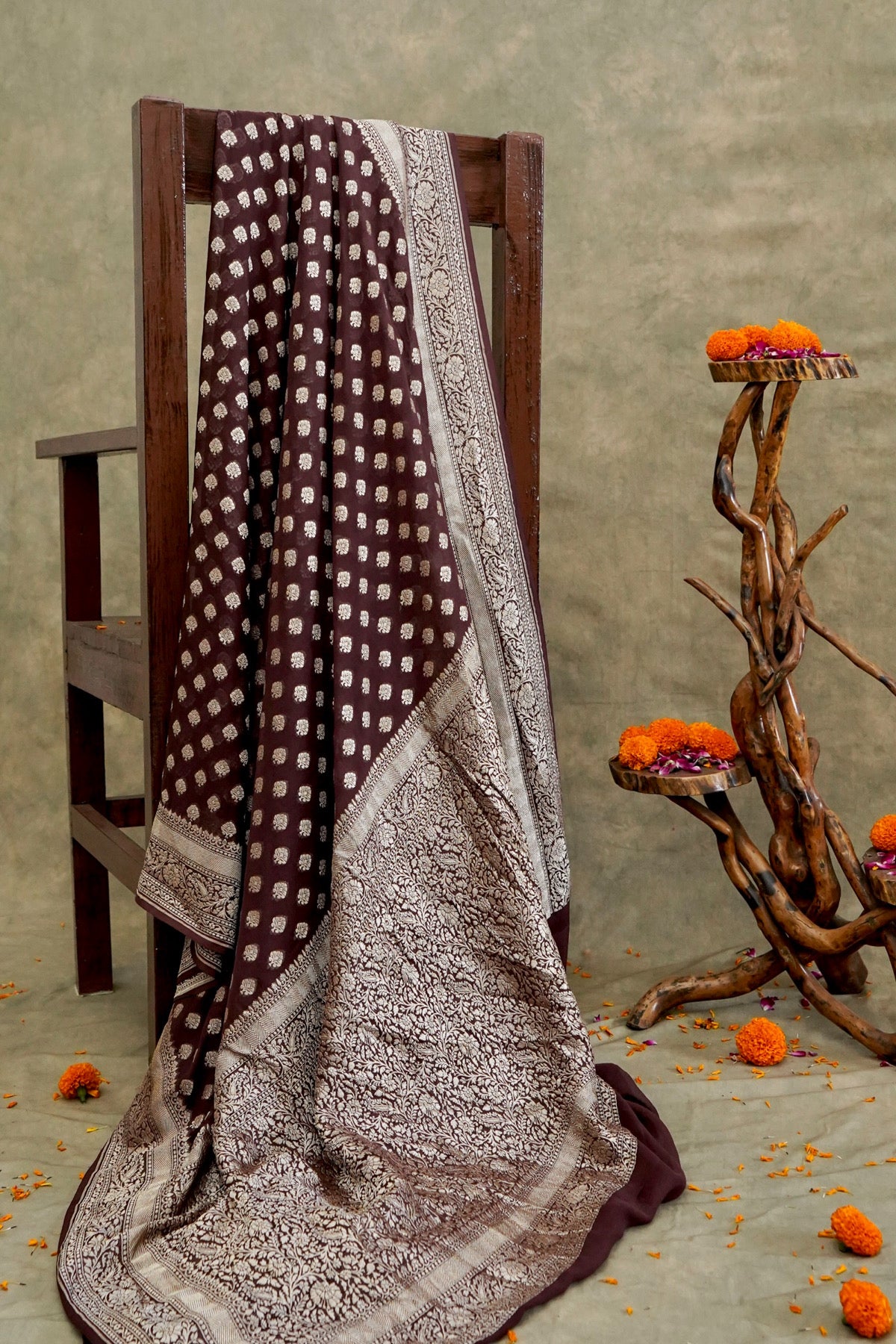 Handwoven Coffee Brown Pure Banarasi Khaddi Georgette Saree