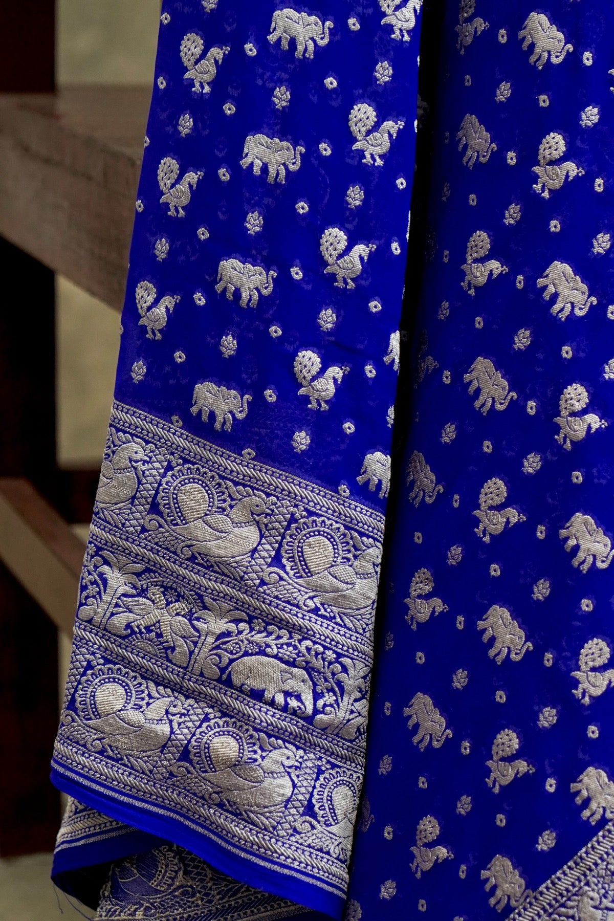 Handwoven Royal Blue Pure Banarasi Shikargah Khaddi Georgette Saree