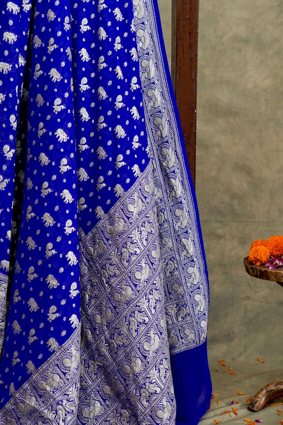 Handwoven Royal Blue Pure Banarasi Shikargah Khaddi Georgette Saree