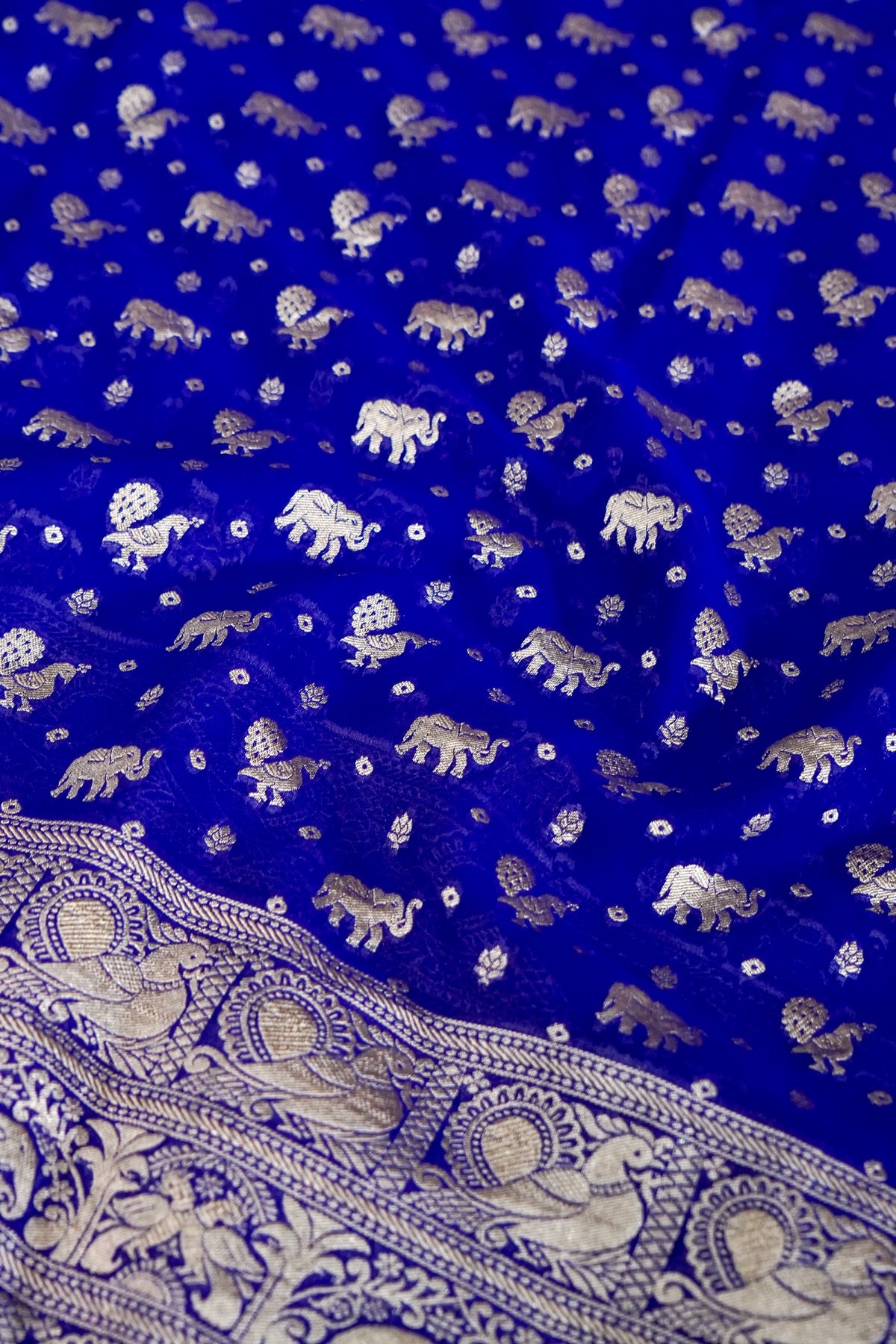 Handwoven Royal Blue Pure Banarasi Shikargah Khaddi Georgette Saree