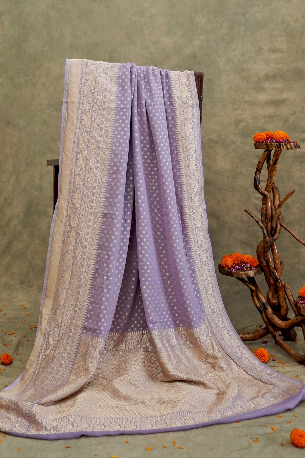 Handwoven Lilac Pure Banarasi Khaddi Georgette Saree