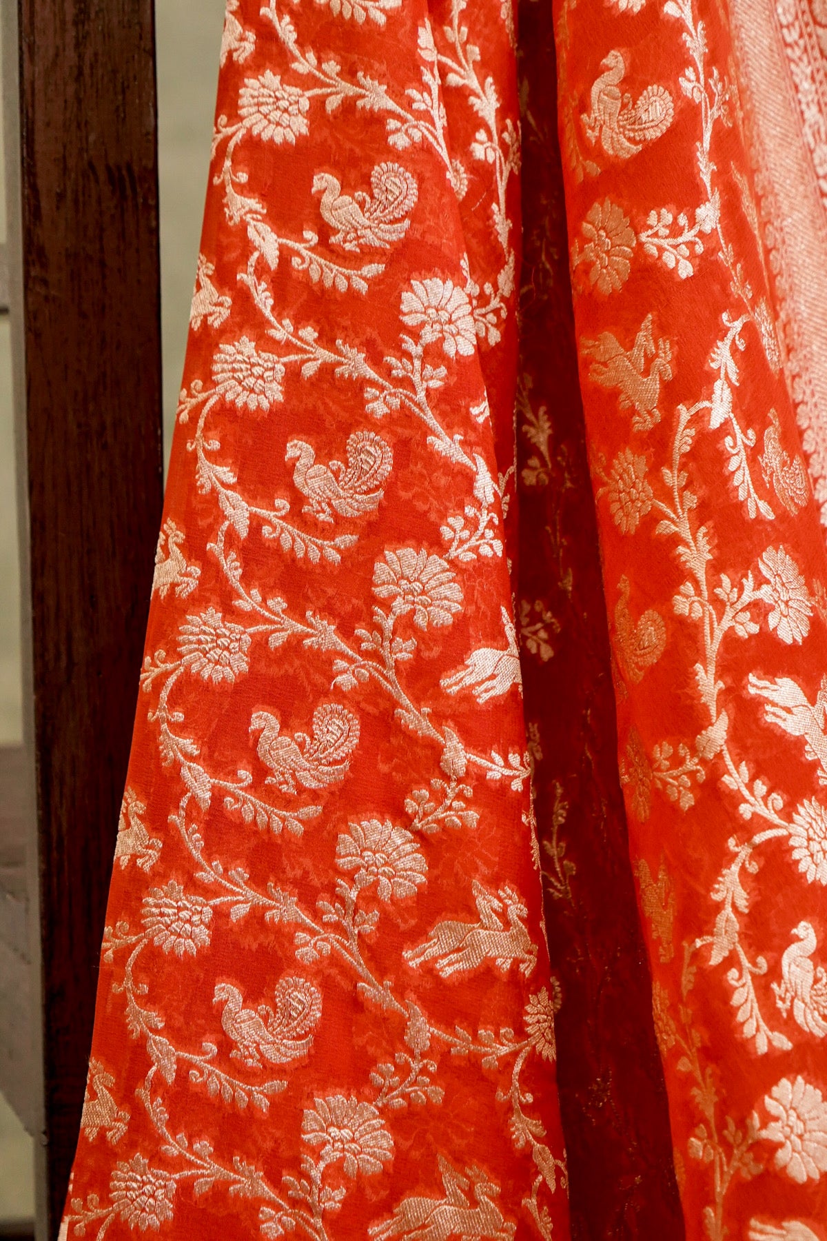 Handwoven Orange Pure Banarasi Shikargah Khaddi Georgette Saree