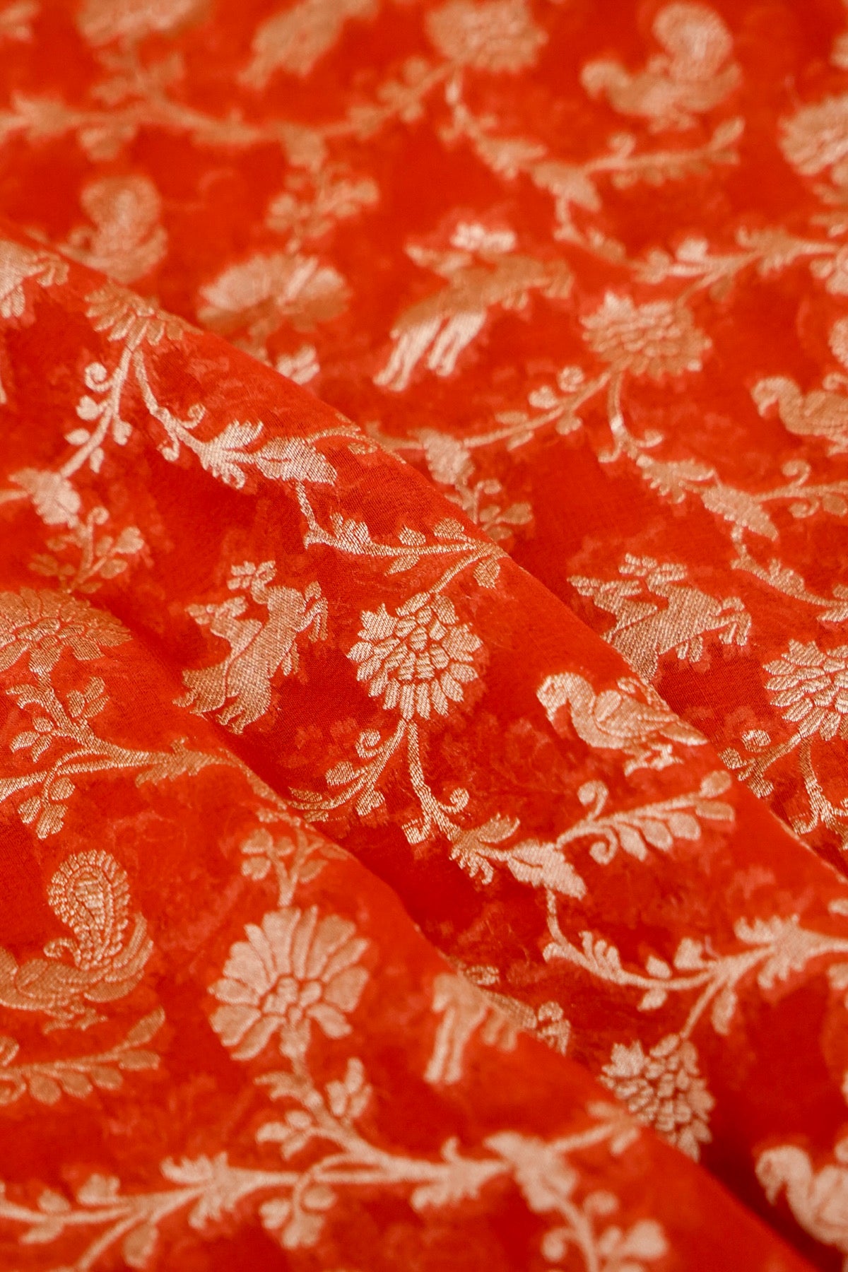 Handwoven Orange Pure Banarasi Shikargah Khaddi Georgette Saree