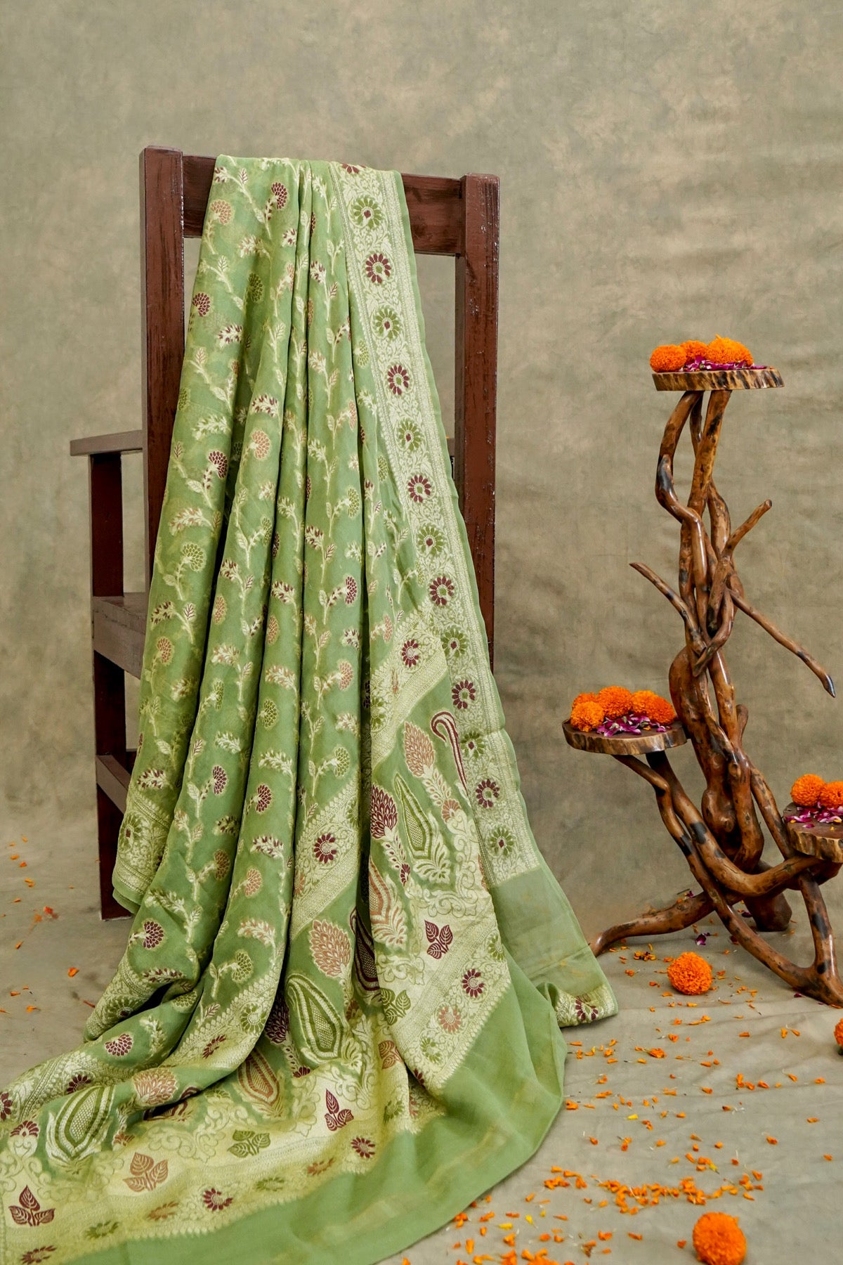 Handwoven Pista Green Pure Banarasi Meenakari Khaddi Chiffon Saree