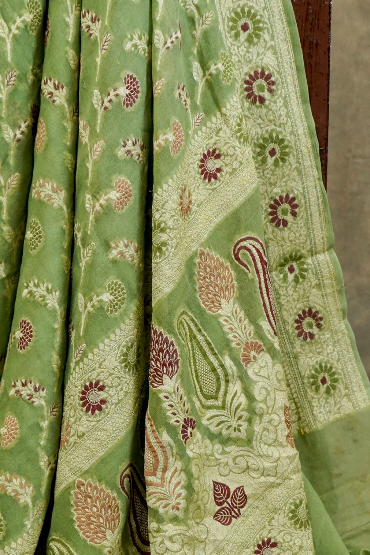 Handwoven Pista Green Pure Banarasi Meenakari Khaddi Chiffon Saree
