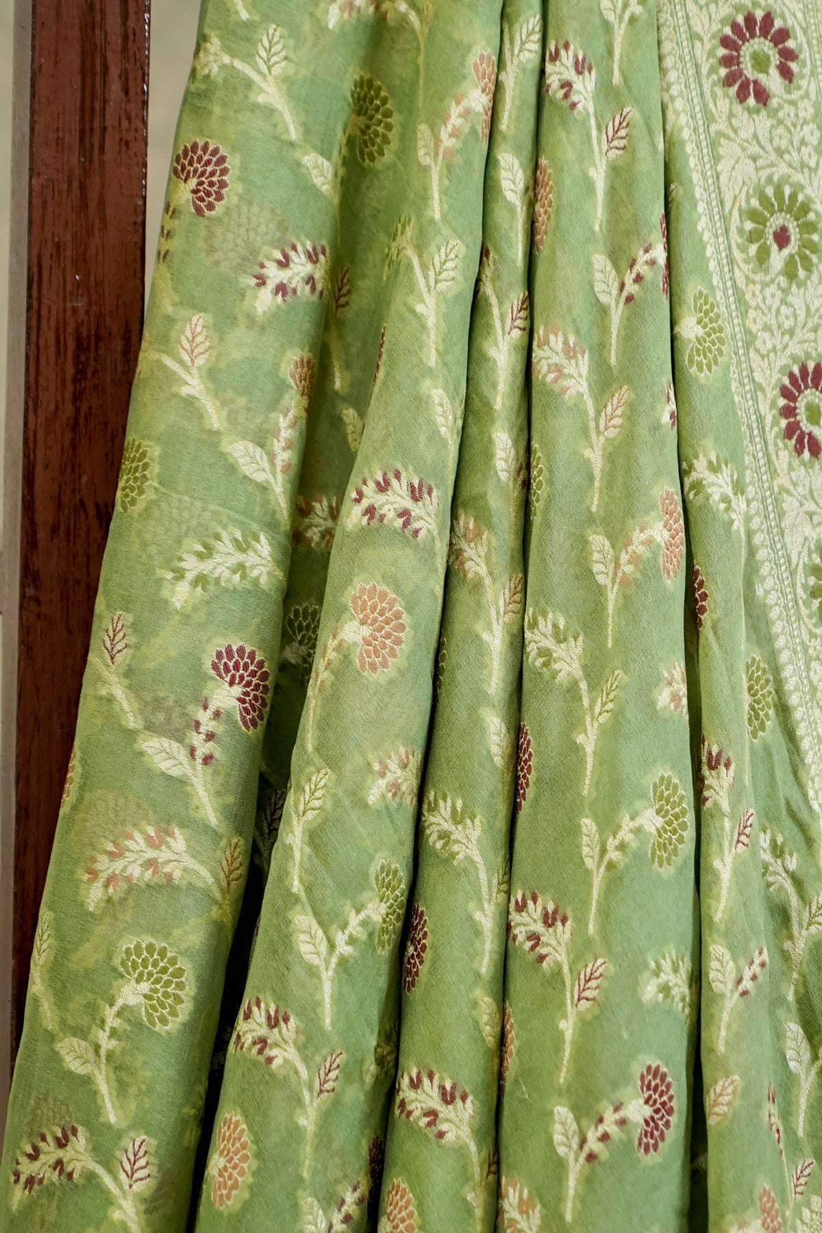 Handwoven Pista Green Pure Banarasi Meenakari Khaddi Chiffon Saree