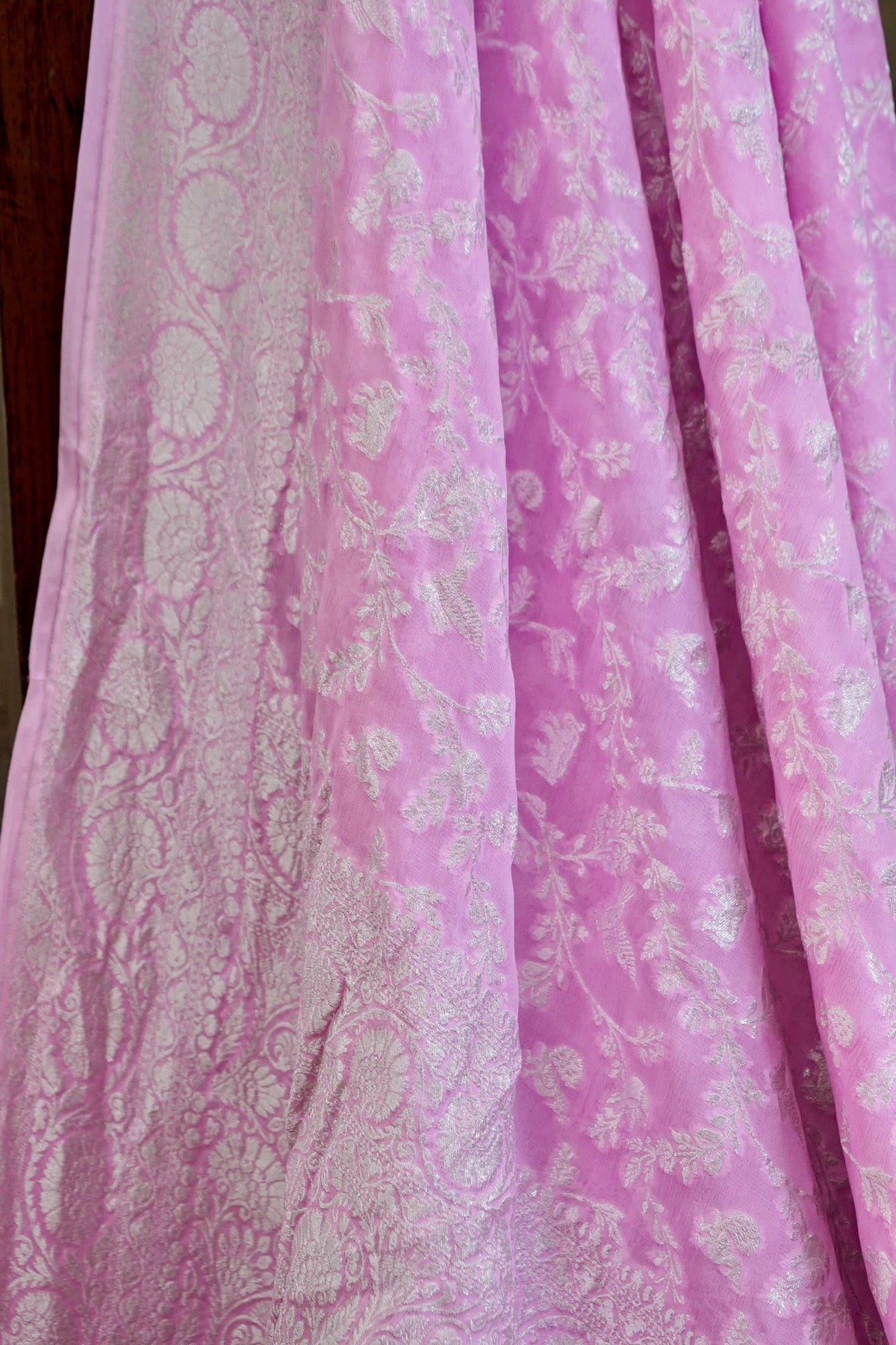 Handwoven Pink Pure Banarasi Meenakari Khaddi Chiffon Saree