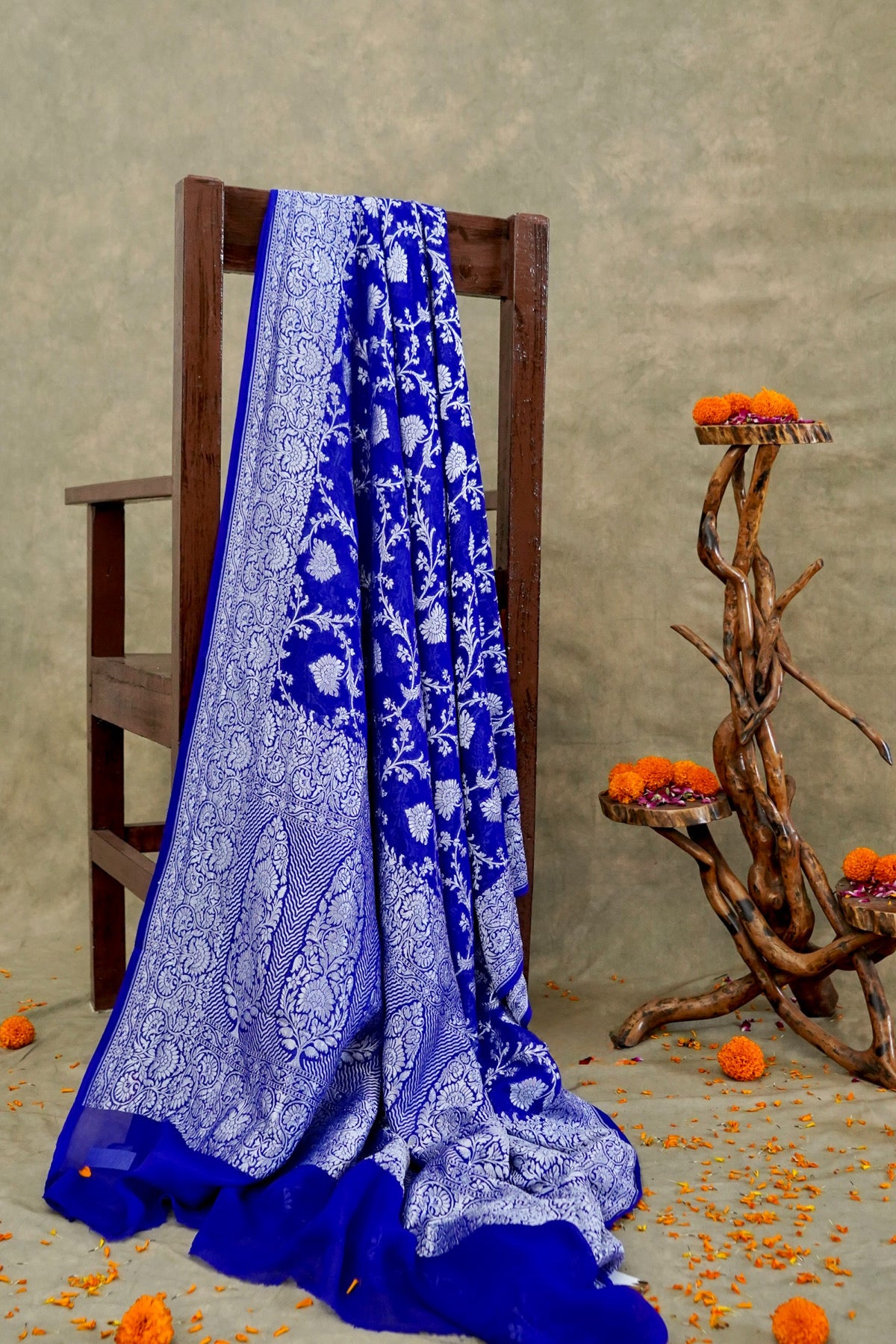 Handwoven Royal Blue Pure Banarasi Khaddi Georgette Saree