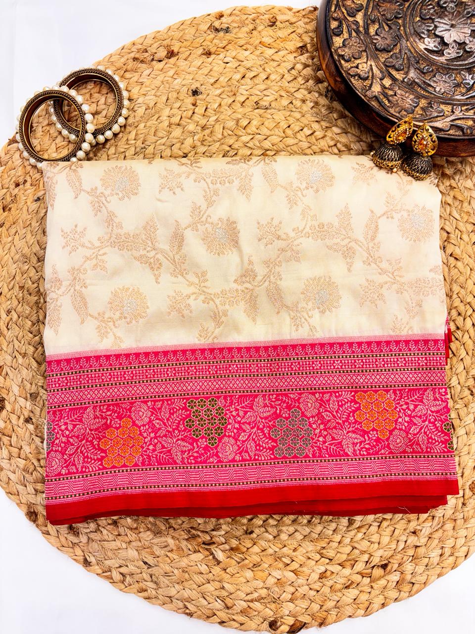 Handwoven Beige Meenakari Banarasi Katan Silk Saree