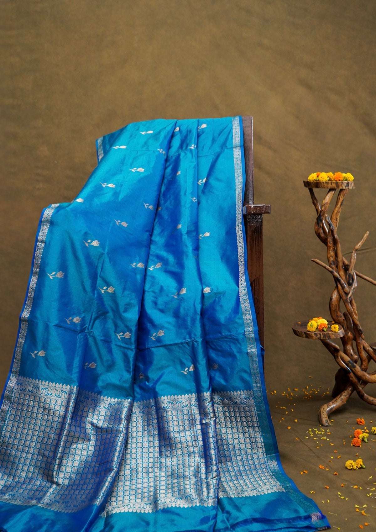 Handwoven Teal Blue Buta Pure Banarasi Katan Silk Saree