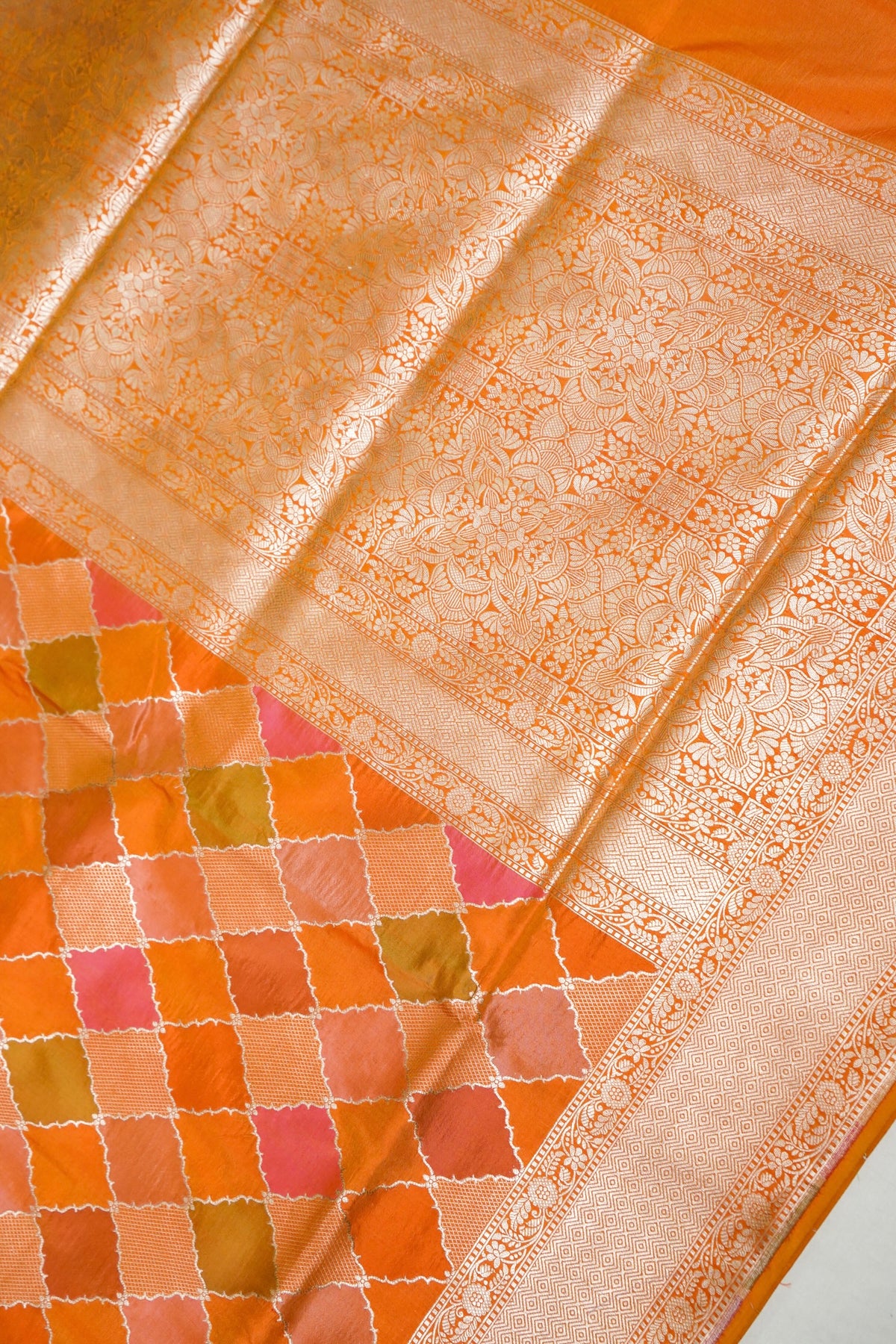 Handwoven Autumn Orange Pure Banarasi Rangkaat Katan Silk Saree