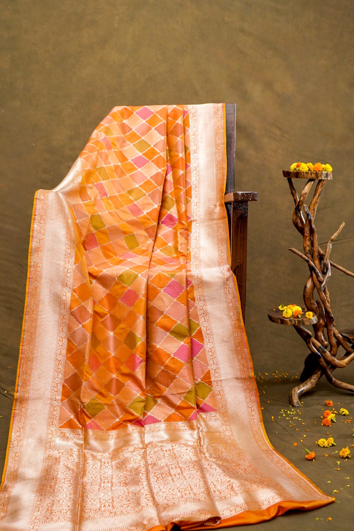Handwoven Autumn Orange Pure Banarasi Rangkaat Katan Silk Saree