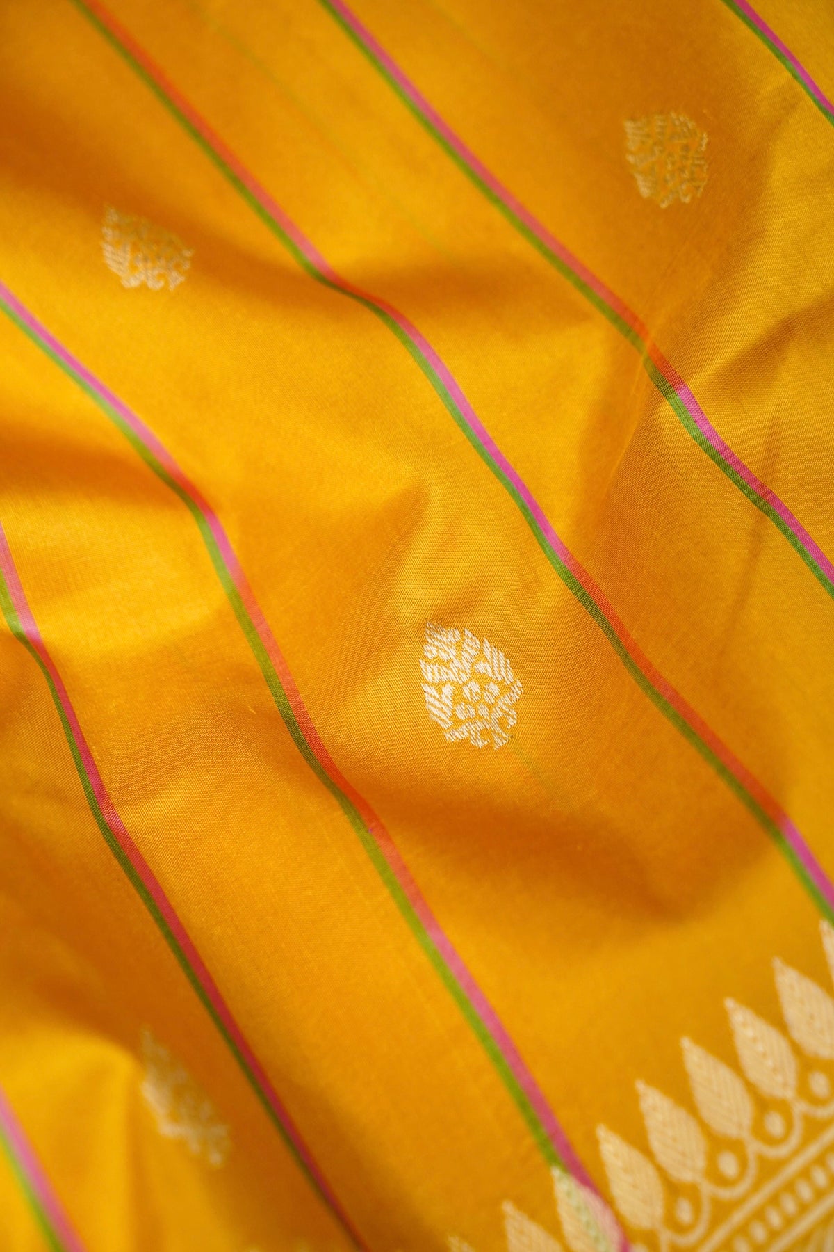 Handwoven Mustard Gold Stripes Pure Banarasi Katan Silk Saree
