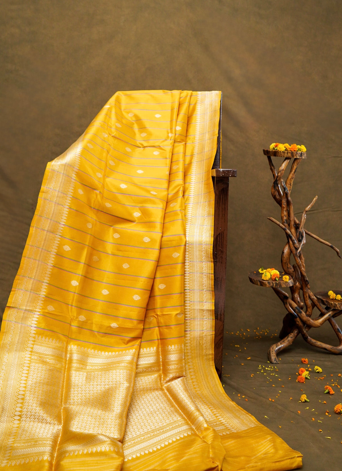 Handwoven Mustard Gold Stripes Pure Banarasi Katan Silk Saree
