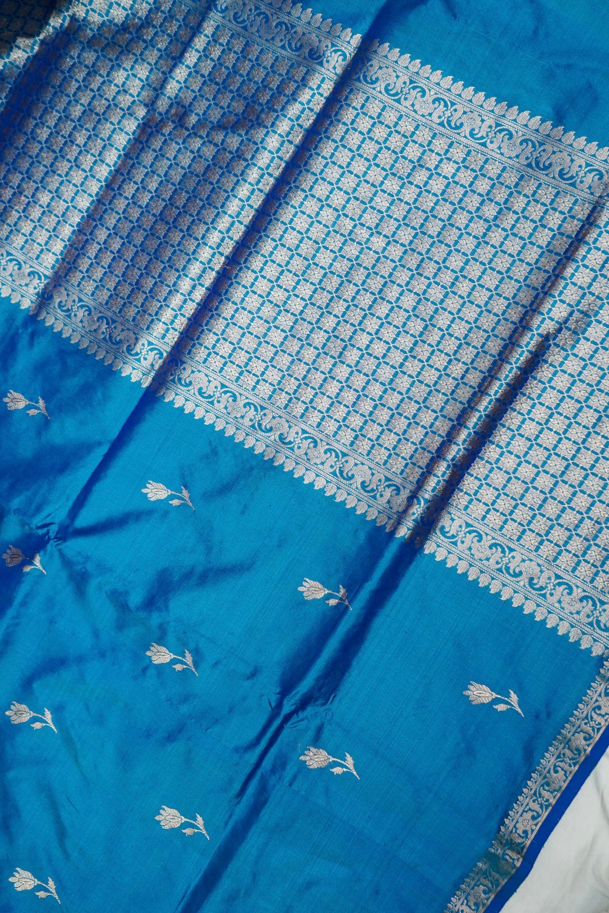 Handwoven Teal Blue Buta Pure Banarasi Katan Silk Saree